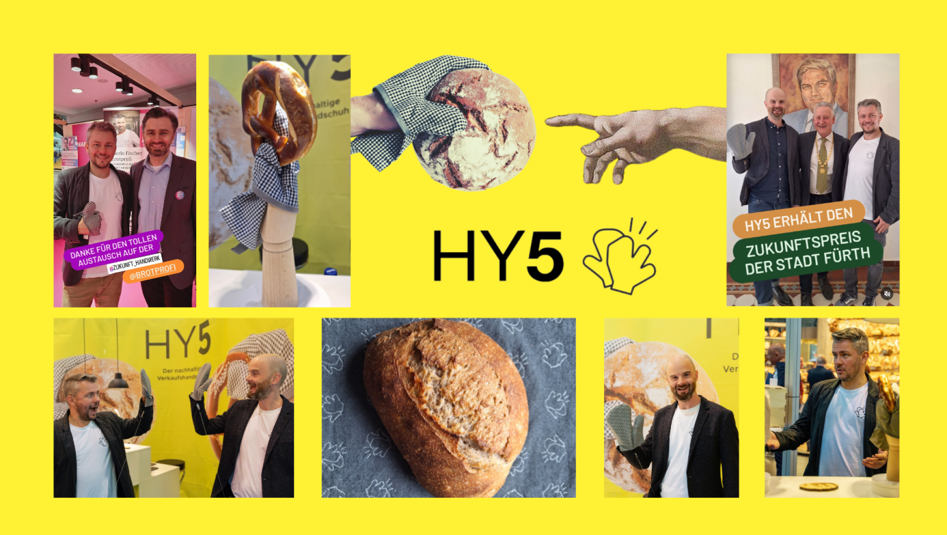 Eine Collage auf gelbem Hintergrund zeigt Menschen, die Brezeln halten, einen Laib Brot, zwei Männer, die sich die Hände schütteln, und das Logo HY5 in der Mitte mit einem Handsymbol. Der deutsche Text und die Erwähnung des Preises sind überall zu sehen.
