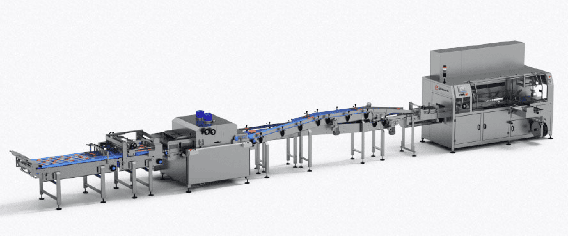 A long, automated packaging machine with conveyors, rollers, and metal components, designed for processing and packaging items in an industrial setting.