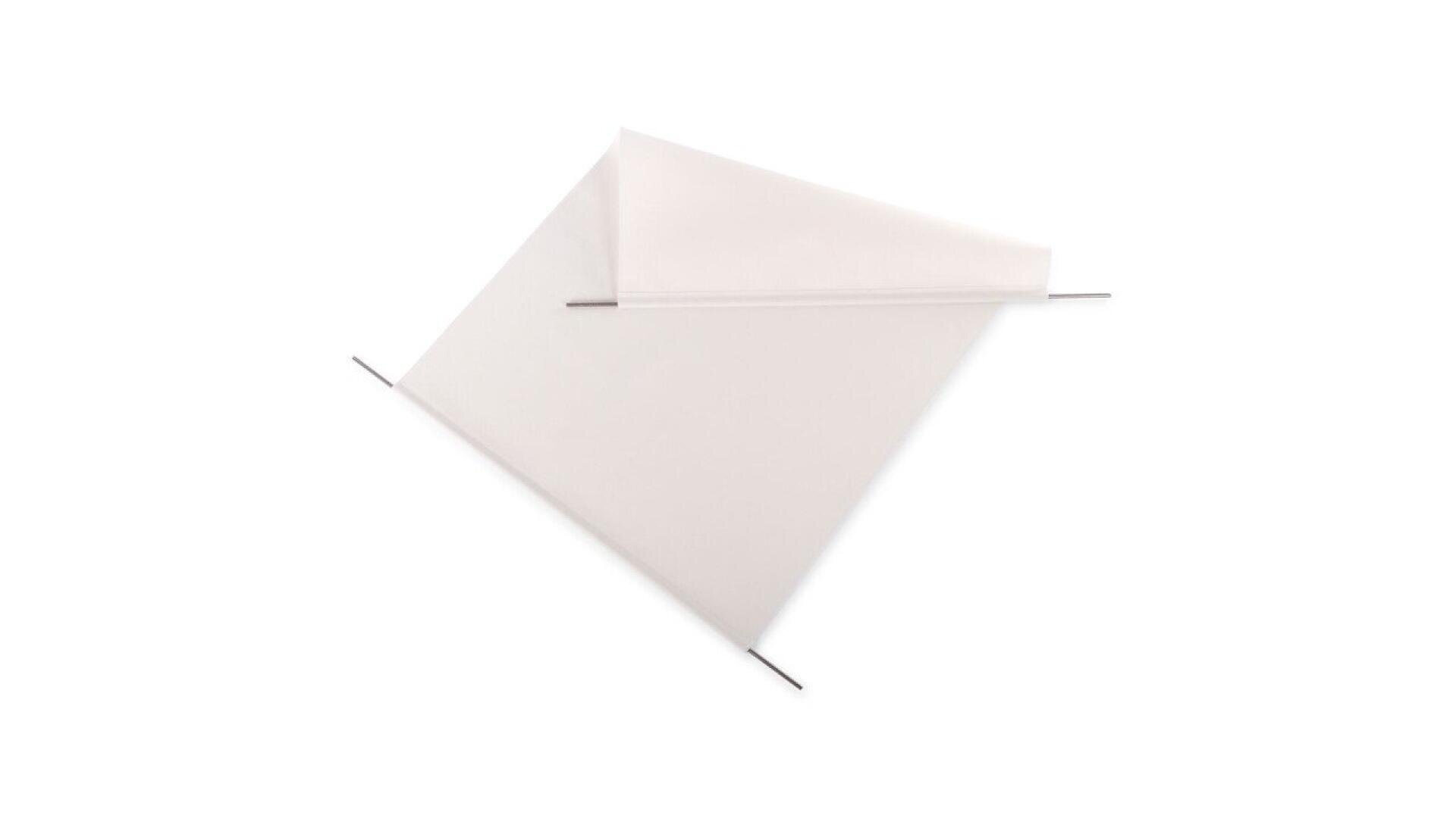 A minimalistic, geometric white fabric panel is suspended diagonally between two parallel metal rods against a plain white background. The arrangement creates a modern and abstract appearance.