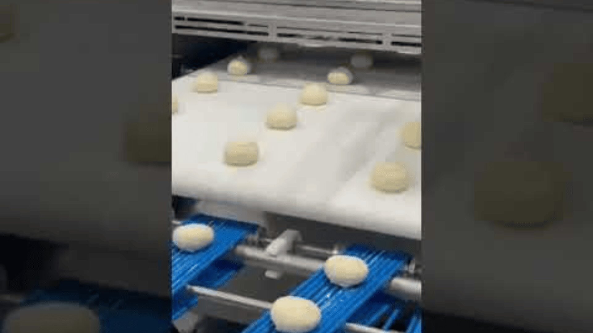 Dough balls move along a conveyor belt in a factory, being processed and spaced evenly as part of an automated production line.