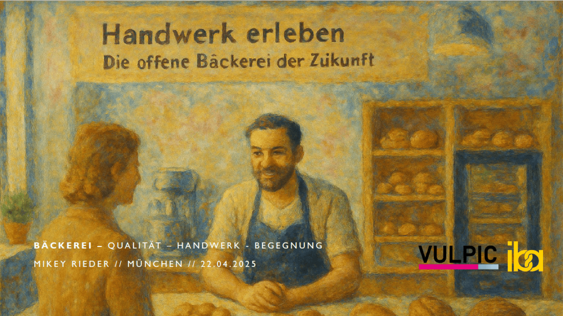 Ein Gemälde zeigt einen freundlichen Bäcker, der sich an einer Theke mit einem Kunden unterhält, umgeben von Brot und Brötchen. Der Text wirbt für ein offenes Bäckerei-Event am 22. April 2025 in München und betont Handwerkskunst und Qualität.