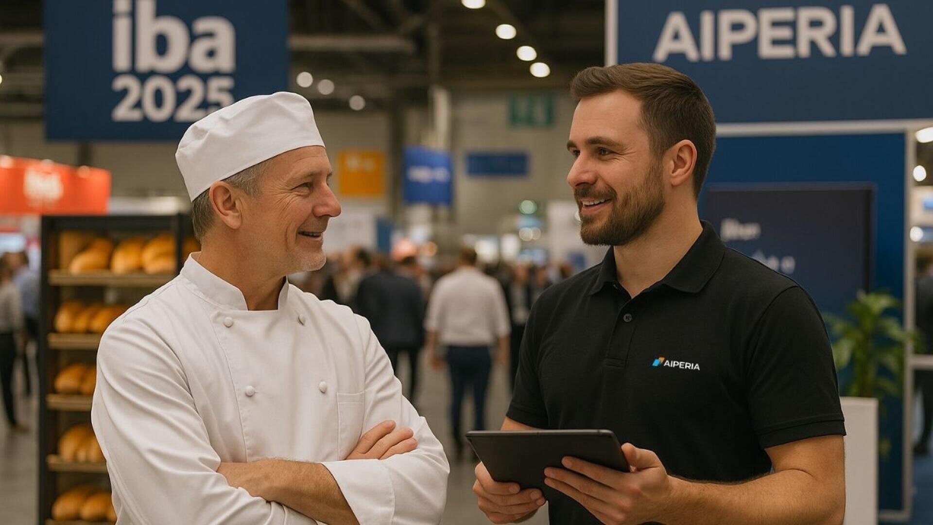 A smiling chef in white uniform and hat talks with a man in a black polo shirt holding a tablet at a convention. Signs reading iba 2025 and AIPERIA are visible in the background.