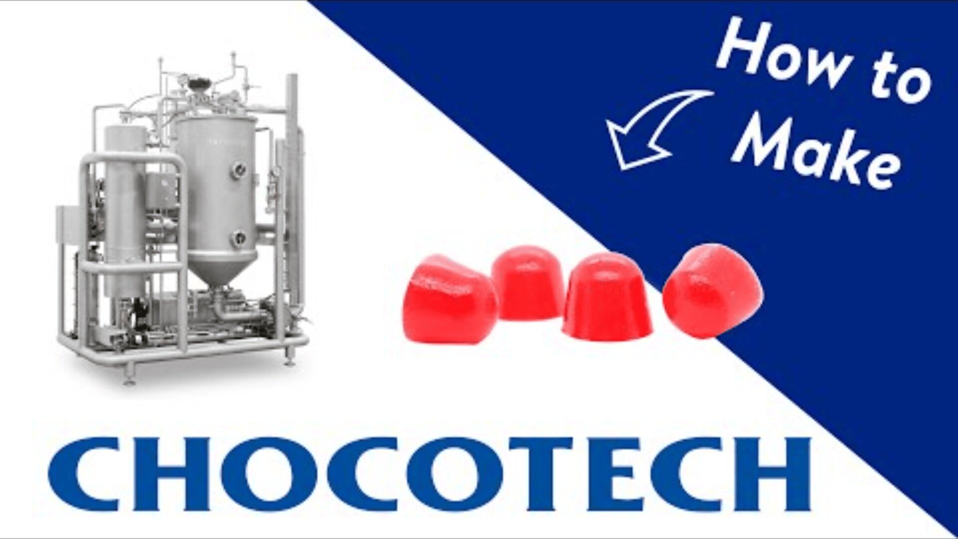 Industrielle Bonbonmaschine, rote Gummibonbons und der Text How to Make mit einem Pfeil über dem Wort CHOCOTECH auf einem blauen und weißen Hintergrund.