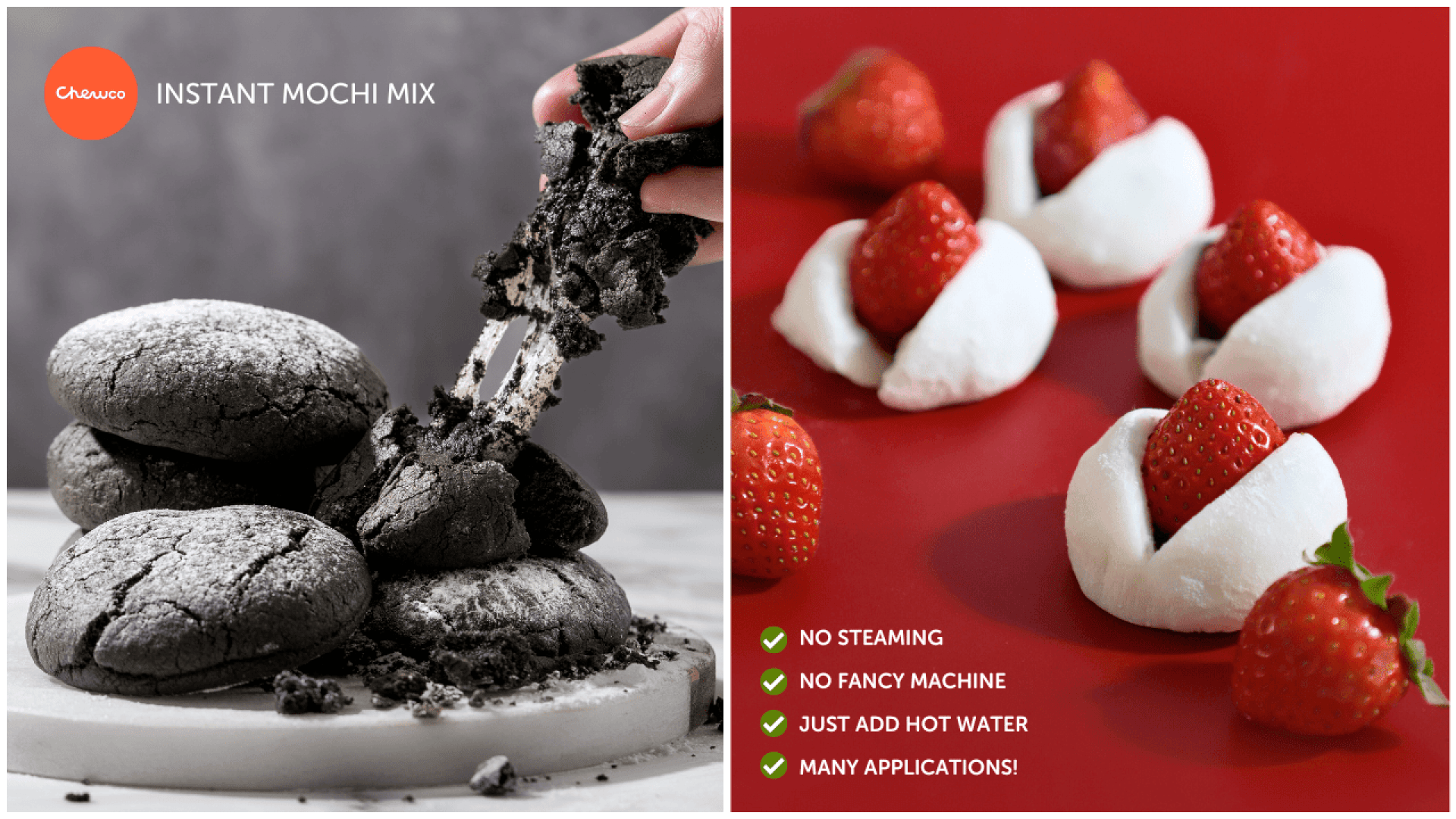 Links brechen Hände einen Stapel dunkler, pulvriger Kekse auseinander. Rechts umhüllt weißer Mochi frische Erdbeeren auf rotem Hintergrund. Der Text hebt die einfache Zubereitung der Instant-Mochi-Mischung hervor.