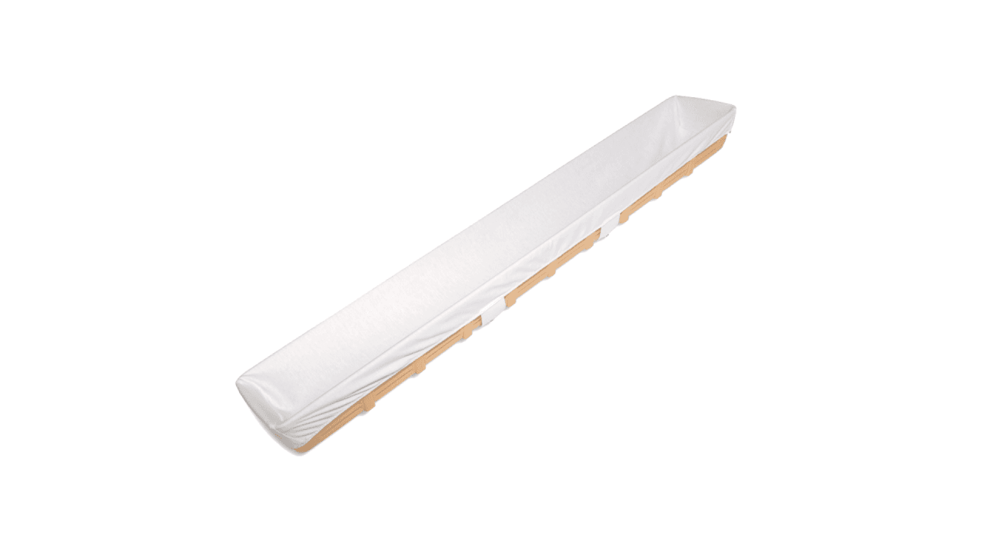 A long, rectangular wooden object covered with a fitted white fabric, isolated on a white background.