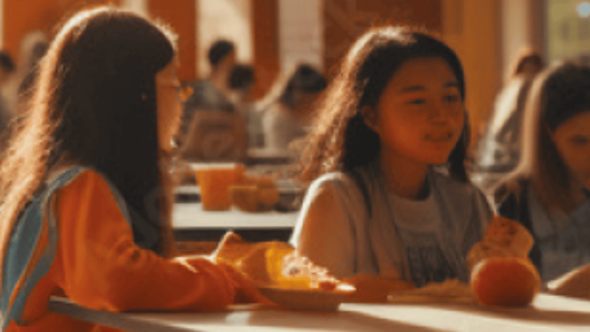 Two girls sit together at a cafeteria table, talking and eating lunch. The background shows other students and tables in a warmly lit, busy cafeteria setting.
