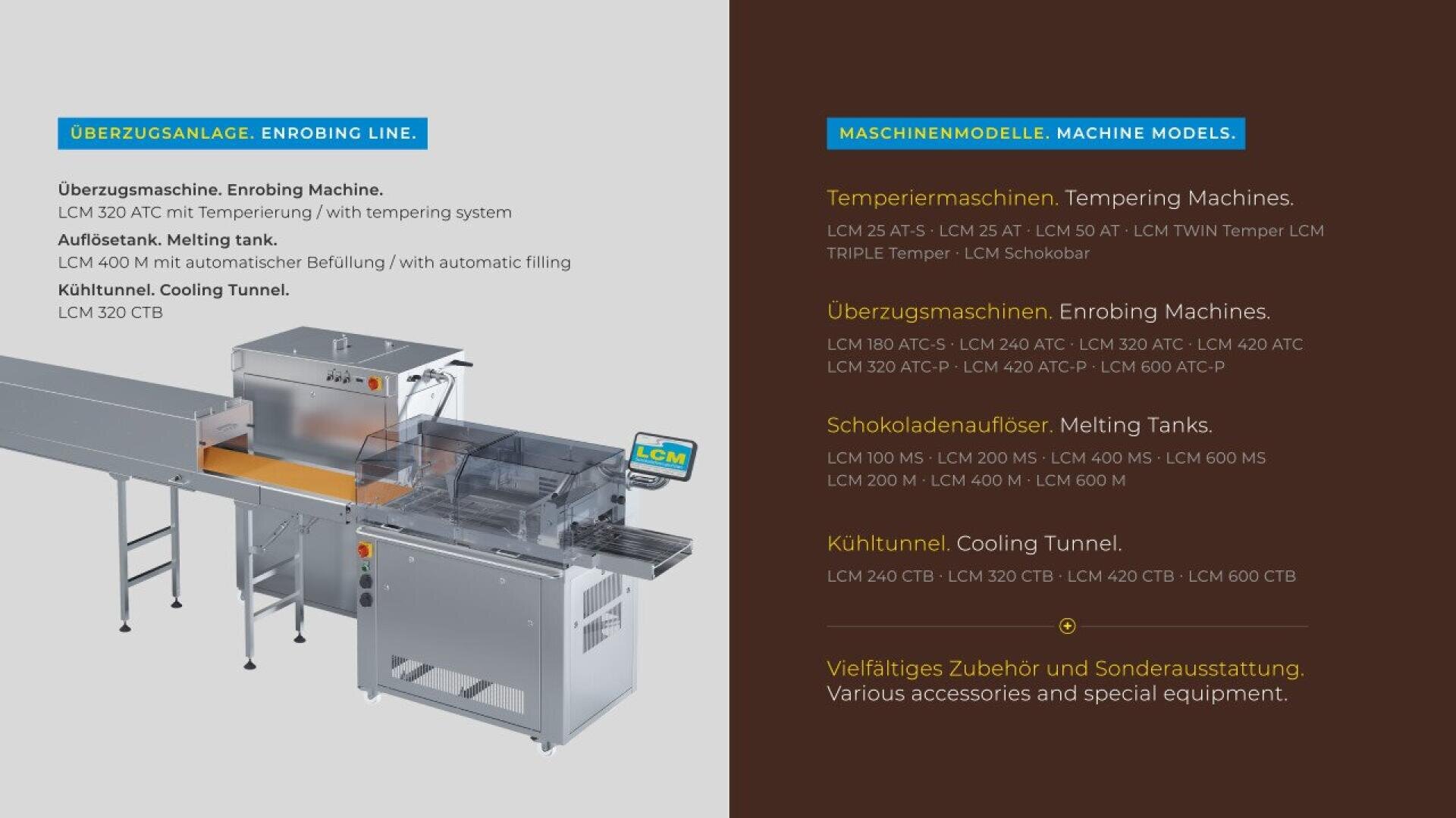 A stainless steel enrobing machine with a conveyor belt and control panel stands next to a list of chocolate equipment models and descriptions in German and English on a split dark yellow and gray background.