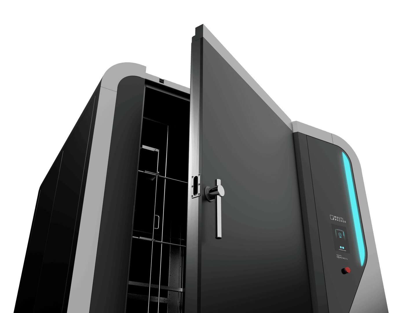 A modern, black, rectangular machine with its front door partially open, revealing internal shelves and compartments. The device features a handle, a small display screen, and a red button on the front panel.