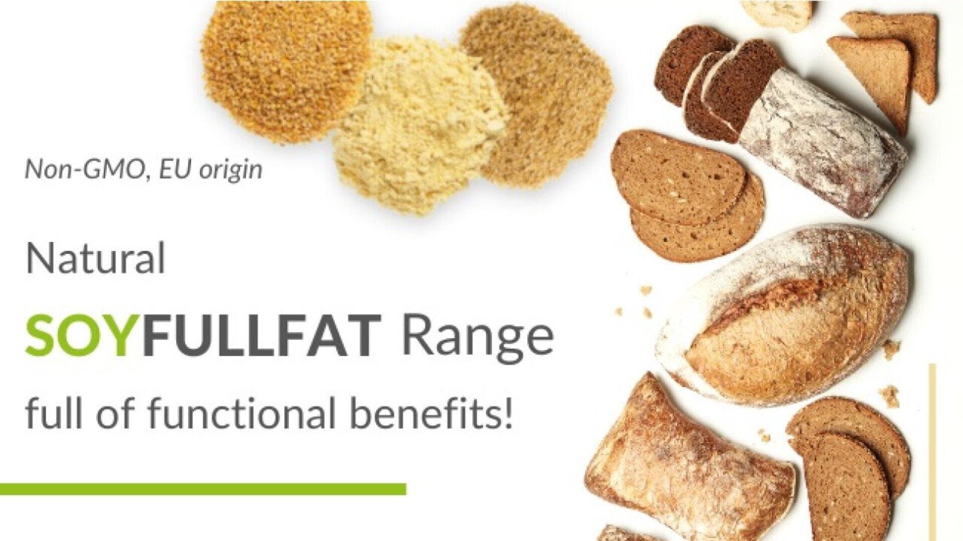 Assorted breads and slices arranged next to piles of soy flour, with text promoting natural, non-GMO SOYFULLFAT range and its functional benefits.