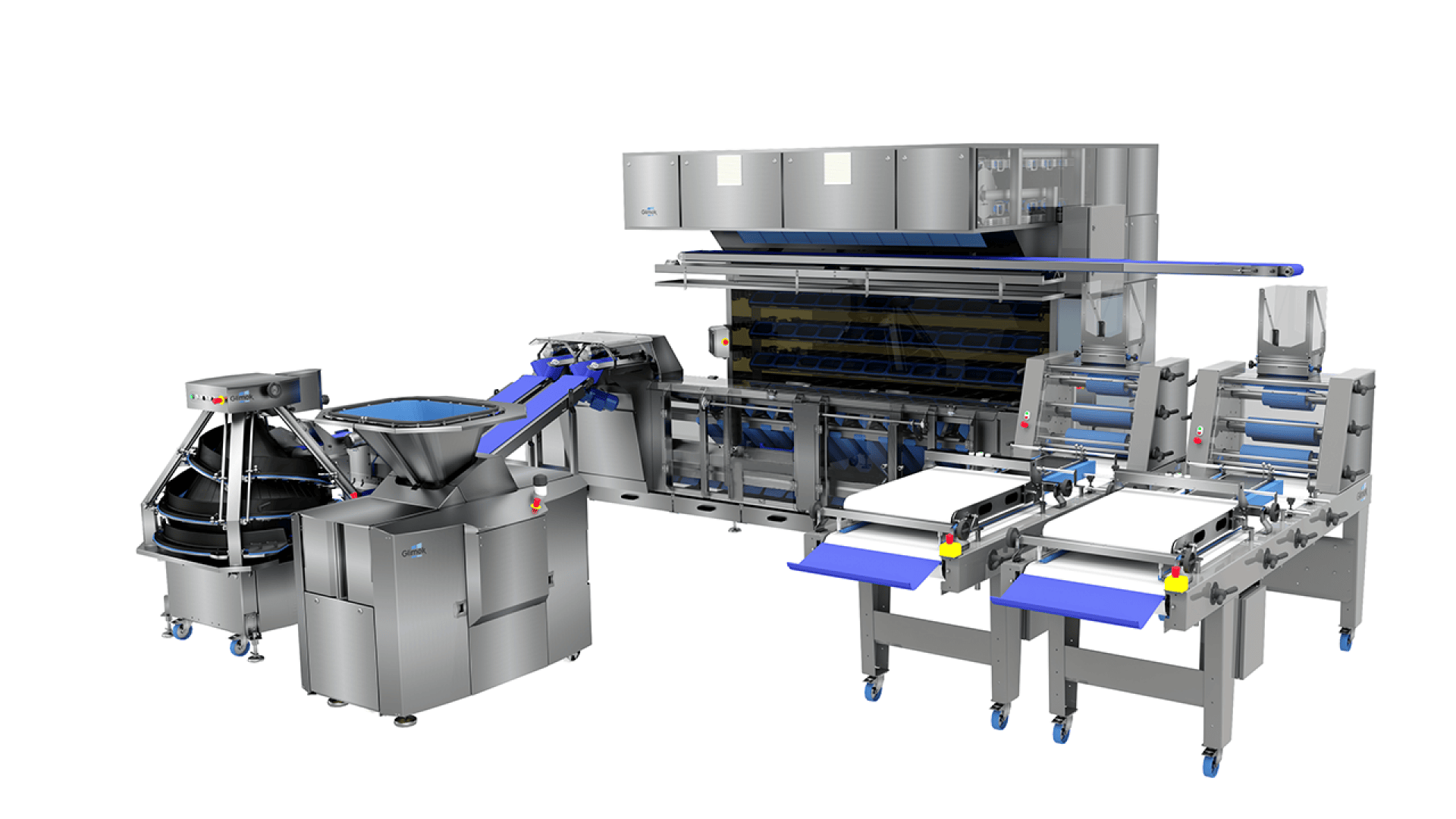 A large industrial bakery machine with multiple conveyor belts, stainless steel components, and sections for dough processing, sorting, and automated production, all on blue wheels.