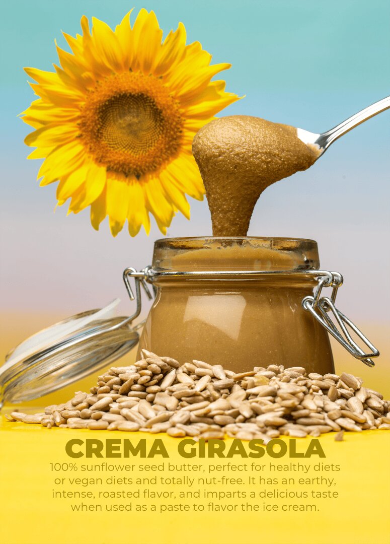 A spoon scoops sunflower seed butter from a glass jar surrounded by sunflower seeds, with a large sunflower and pastel background. Yellow text reads “Crema Girasola” and describes the product’s benefits and uses.