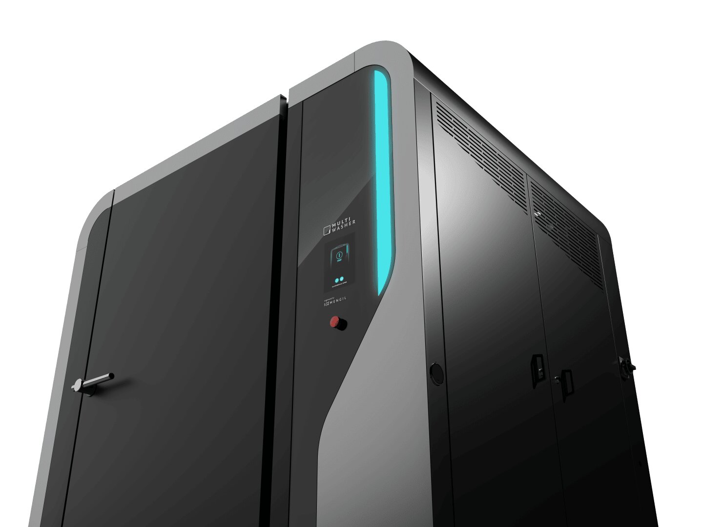 Eine Nahaufnahme eines eleganten, modernen schwarzen Servers oder Datenspeichers mit vertikaler blauer LED-Beleuchtung und Bedienfeld vor weißem Hintergrund.