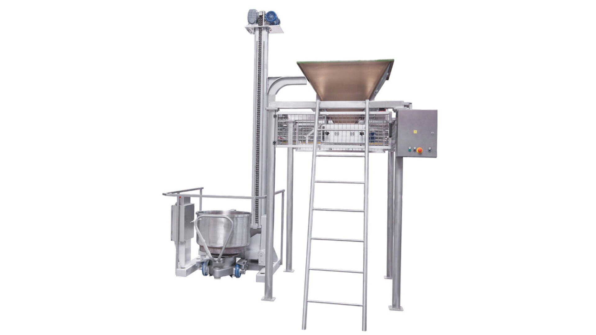 A stainless steel industrial food processing machine with a large hopper, control panel, vertical auger elevator, and ladder, isolated on a white background.