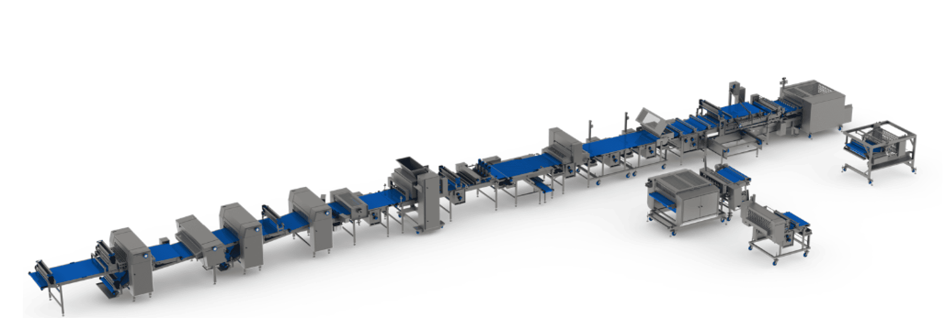Eine große, automatisierte Lebensmittelverarbeitungs- und -verpackungsanlage mit mehreren miteinander verbundenen Edelstahlmaschinen und blauen Förderbändern, die in einer langen, kontinuierlichen Folge auf weißem Hintergrund angeordnet sind.