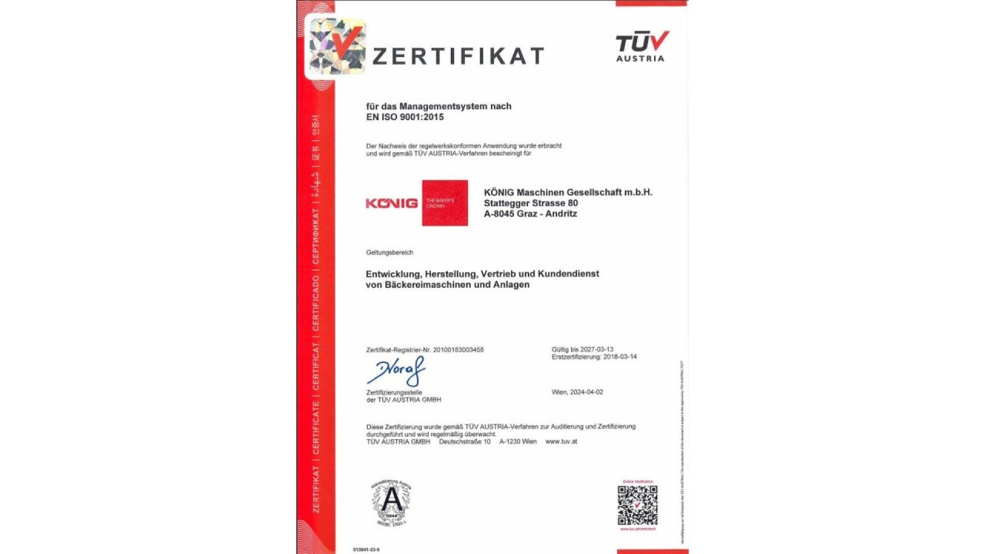 Certificate from TÜV AUSTRIA awarded to König Maschinen Gesellschaft m.b.H. for management system compliance with EN ISO 9001:2015, featuring signatures, company address, logos, and a red vertical design bar on the left.