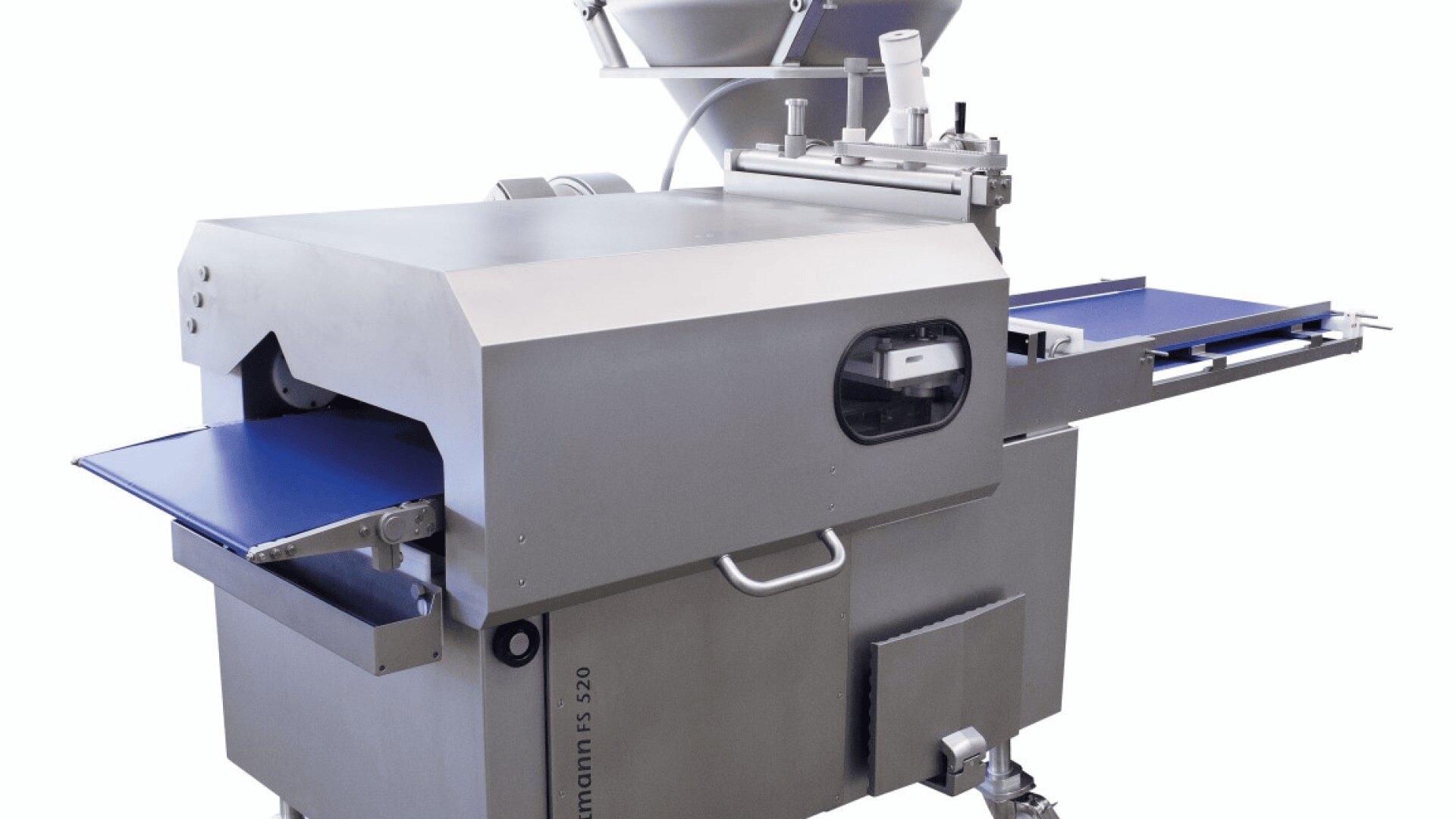 Eine große industrielle Lebensmittelverarbeitungsmaschine mit einem Metallgehäuse und blauen Förderbändern, die für die automatisierte Produktion konzipiert ist. Die Maschine hat verschiedene Fächer, Steuerhebel und einen Trichter an der Oberseite.