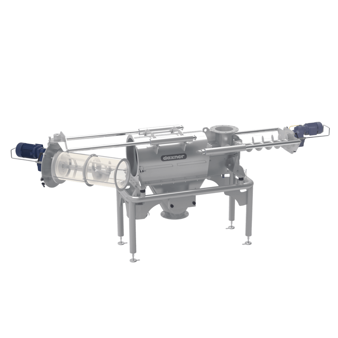 Zylindrische Industriemaschine aus rostfreiem Stahl mit Motoren an beiden Enden, die auf vier Beinen steht. Die Maschine ist für das Mischen oder Transportieren von Substanzen in einer Verarbeitungsumgebung konzipiert.