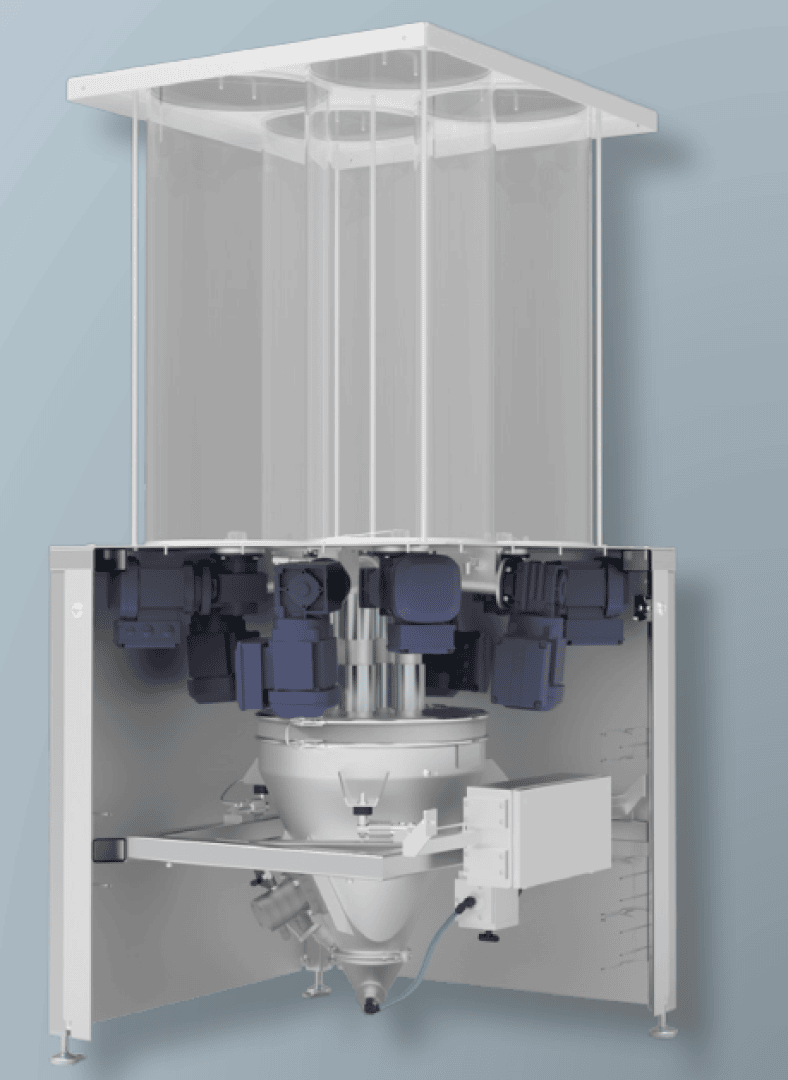 Eine moderne Industriemaschine mit zylindrischem Oberteil, durchsichtigen Paneelen, mehreren schwarzen Motoreinheiten und einem konischen Metallsockel vor einem Hintergrund mit blauem Farbverlauf.