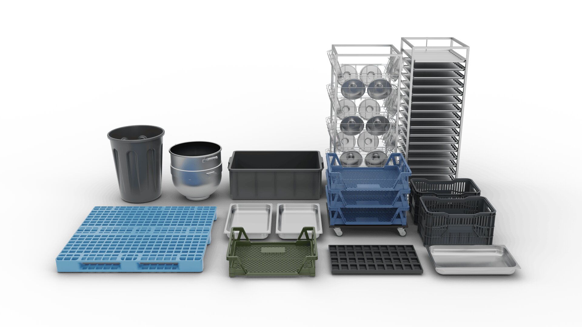 A variety of commercial kitchen storage and transport containers, bins, trays, racks, and pallets are neatly arranged on a white background.