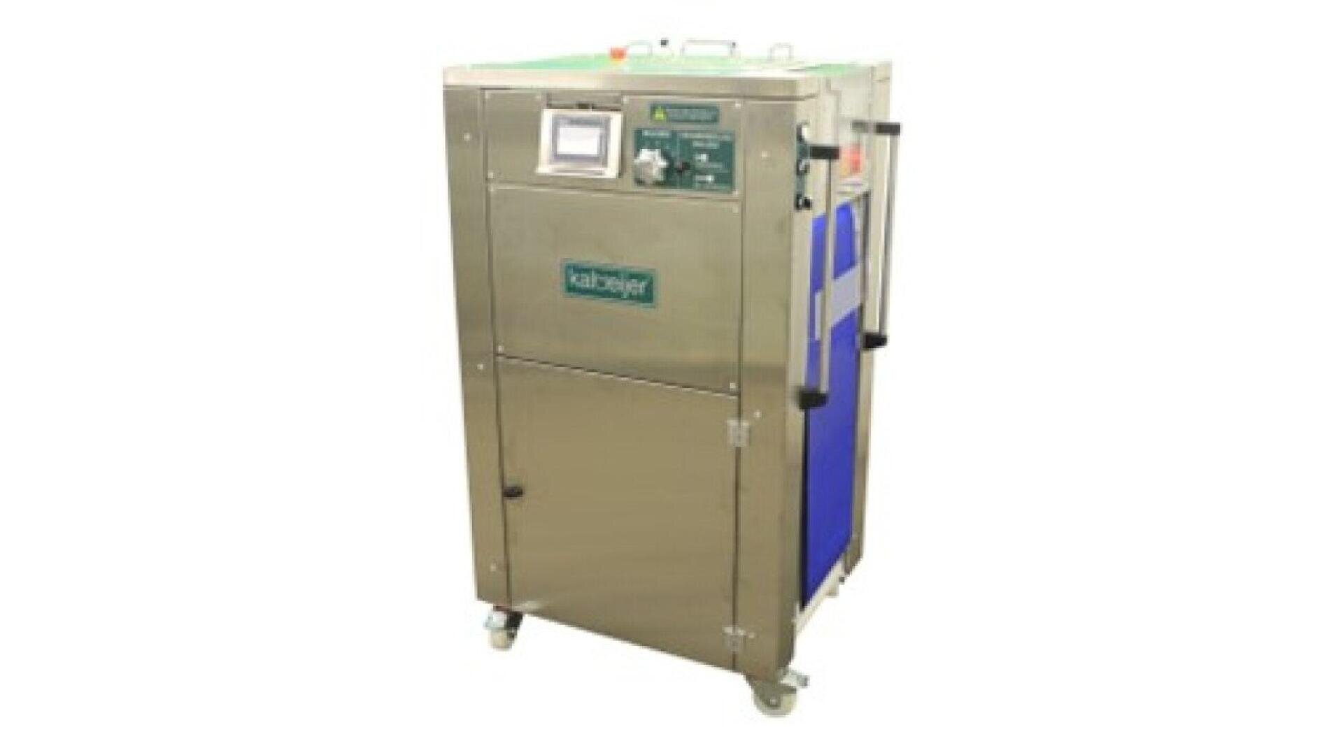 A stainless steel industrial kitchen machine with control panel, display screen, and wheels for mobility, labeled Ecobrief.