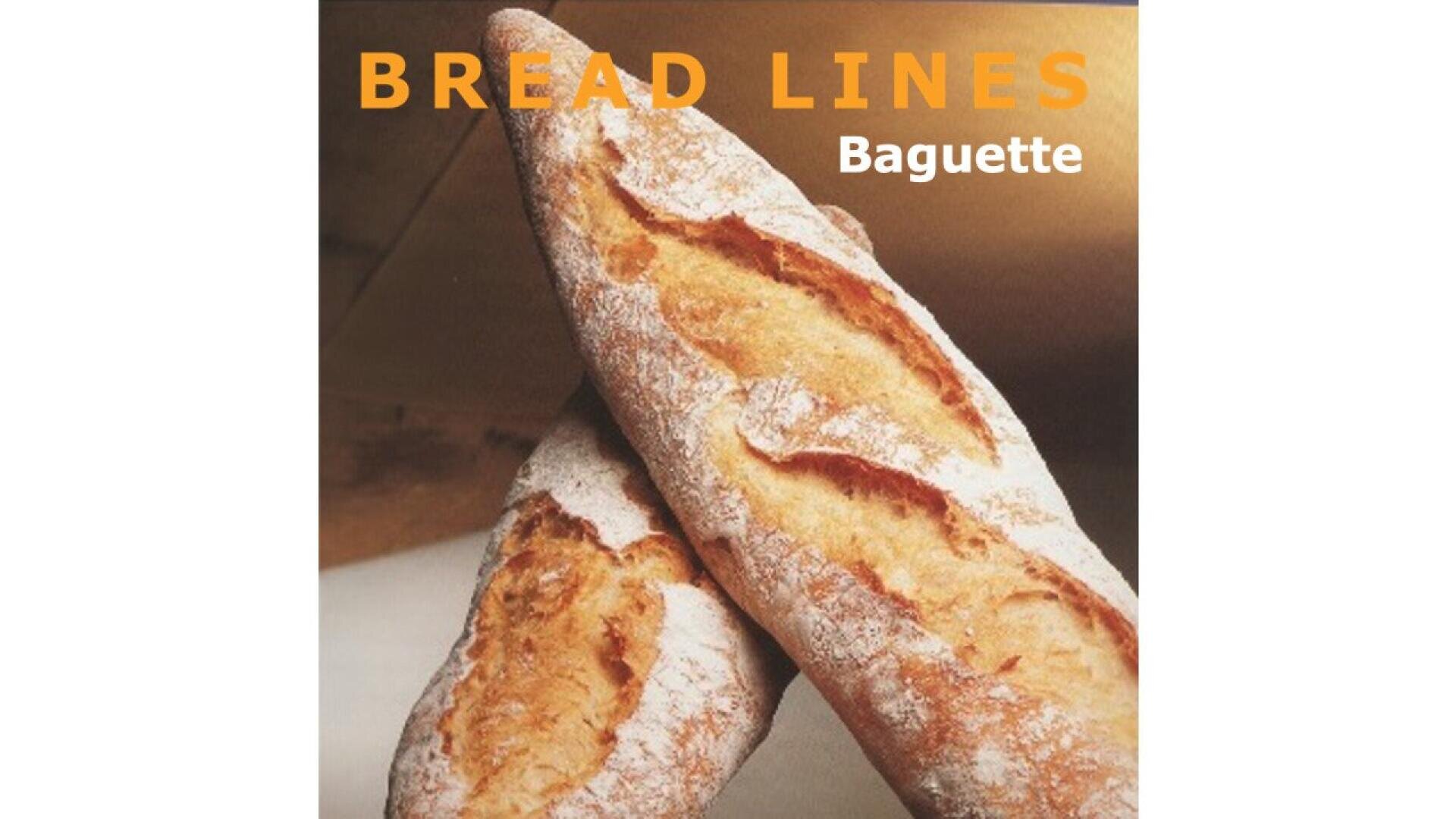 Zwei knusprige, mit Mehl bestäubte Baguettes überkreuzen sich vor einem braunen Hintergrund. Der Text BREAD LINES in Orange und Baguette in Weiß erscheinen am oberen Rand des Bildes.