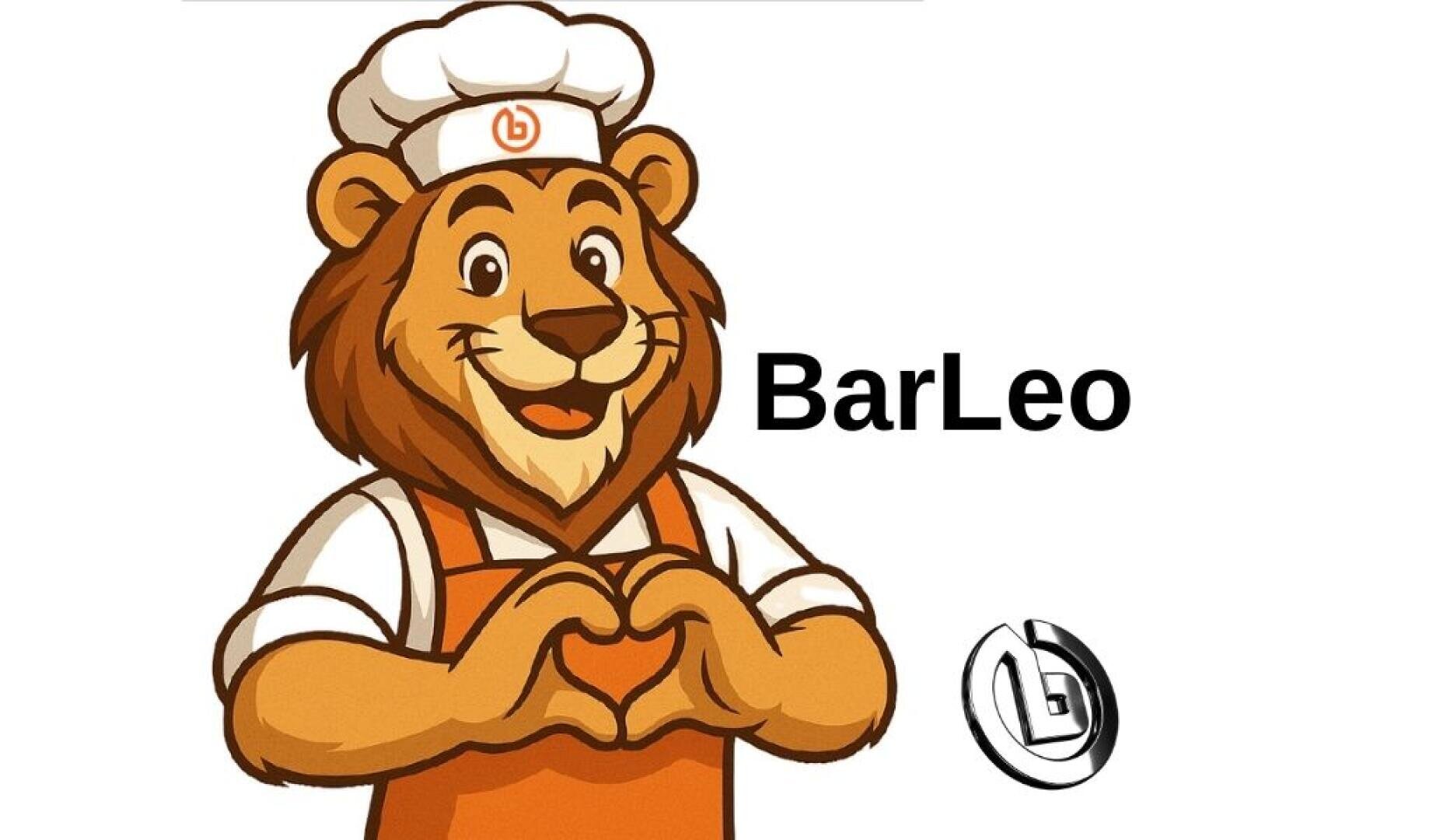 A smiling cartoon lion dressed as a baker in a white hat and orange apron forms a heart shape with its hands. The text BarLeo and a circular logo with a b are next to the lion on a white background.