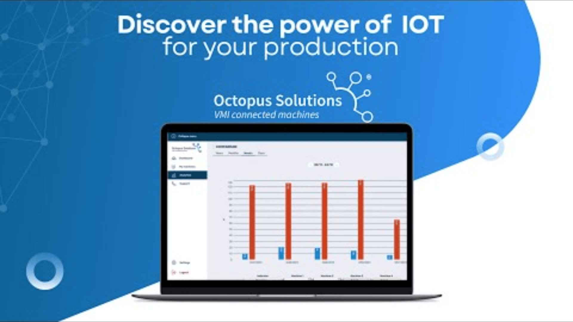 A laptop screen displays a bar chart and dashboard. Above it, on a blue background, is the text Discover the power of IoT for your production and Octopus Solutions - VMI-connected machines.