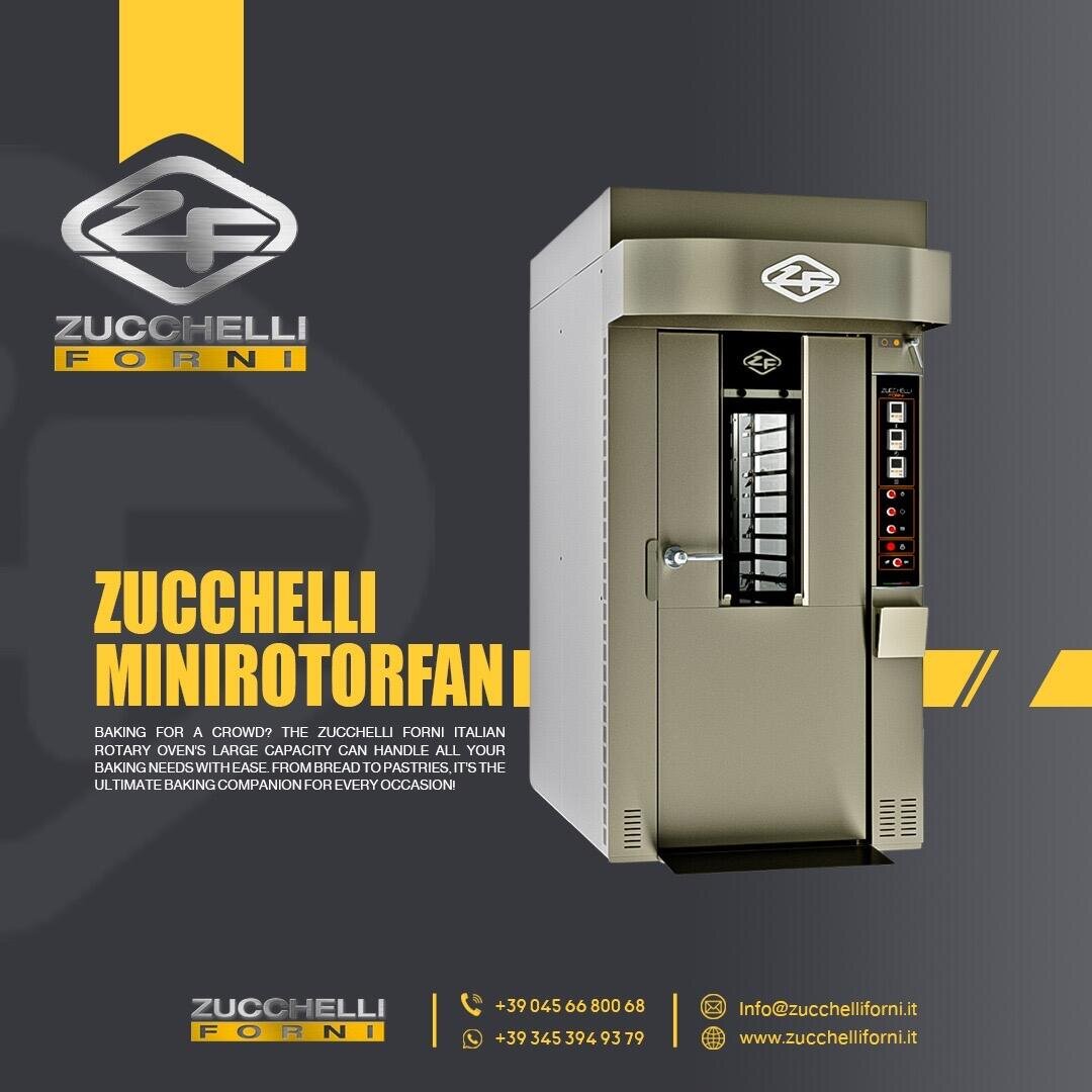 Promotional image of the Zucchelli Forni MinirotorFan, a large metallic rotary oven with digital controls. Includes company logo, product description, and contact information on a gray background with yellow accents.