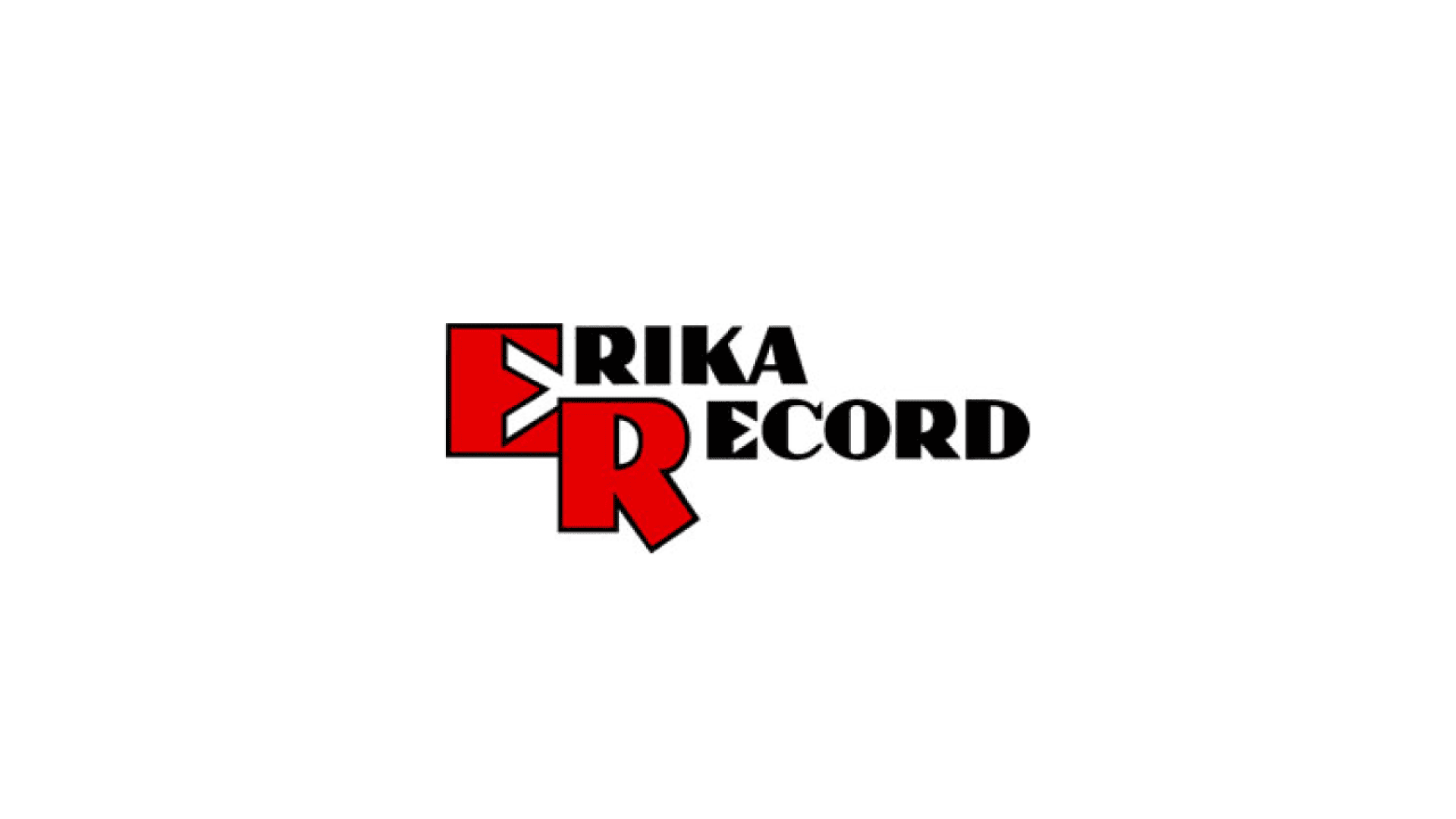 Logo with the words Erika Record in black, where the E and R are large, overlapping, and red. The E is above the R, forming a stylized, bold design on a white background.