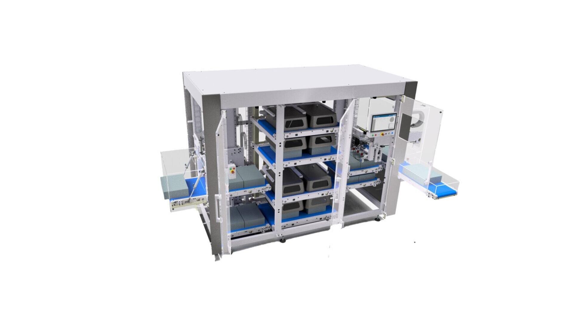 A modular laboratory automation machine with shelves holding black trays, transparent side panels, and blue platforms extending from both sides, all against a plain white background.