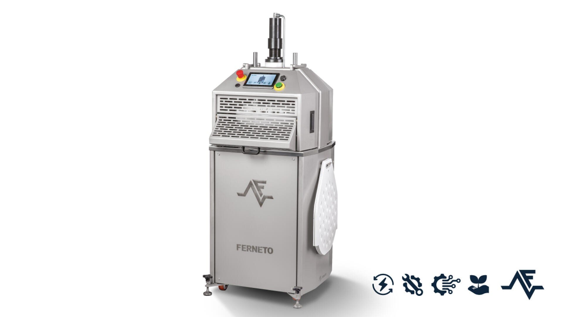 A stainless steel industrial machine with a touchscreen display, buttons and ventilation openings on the front, labeled with FERNETO and AF logos. Several symbols are displayed in the bottom right corner.