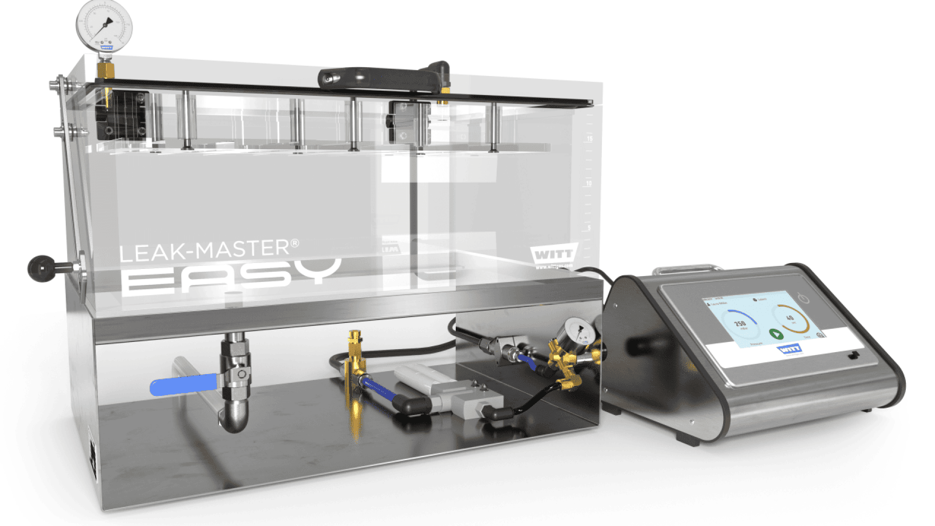 A LEAK-MASTER EASY leak detection device featuring a transparent chamber with metal fittings, gauges, and a connected digital control panel displaying graphs and measurement data.