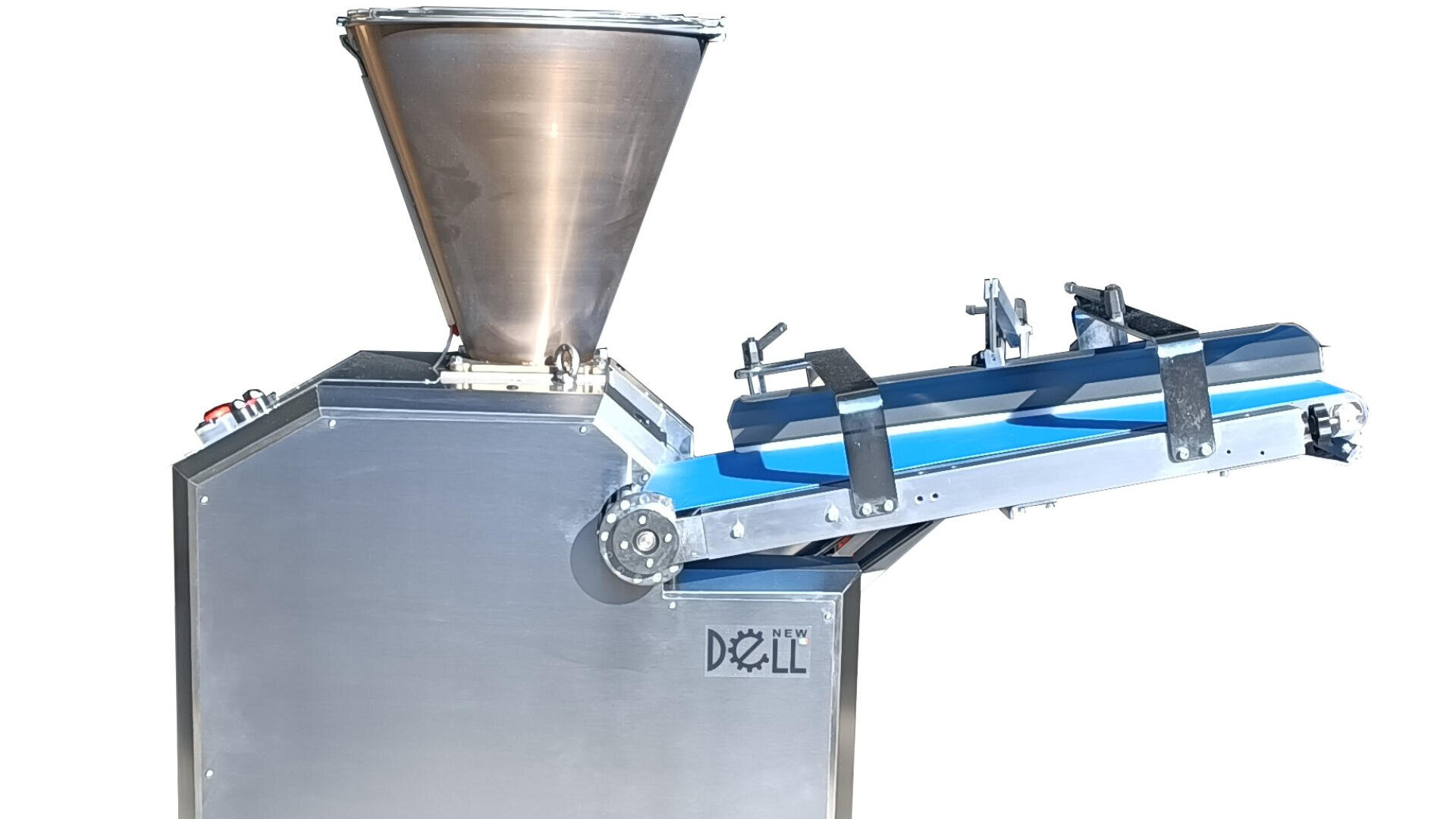 A stainless steel industrial food processing machine with a large conical hopper on top, blue conveyor belt, and labeled “NEW DAZLL.” The machine is isolated on a white background.