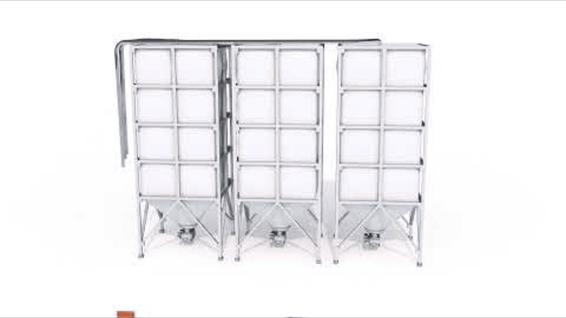 Three large, rectangular, metal storage silos with a grid-like pattern and funnel-shaped bottoms, positioned side by side against a white background.