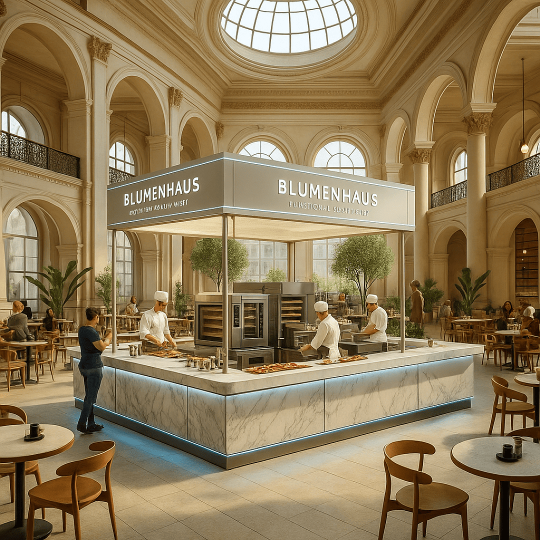 Ein moderner Bäckerei-Kiosk mit dem „Blumenhaus“-Schriftzug steht in einer eleganten Halle mit hohen Bögen und großen Fenstern. Die Köche arbeiten hinter der Marmortheke, während die Kunden an runden Tischen im großzügigen, hellen Raum sitzen.