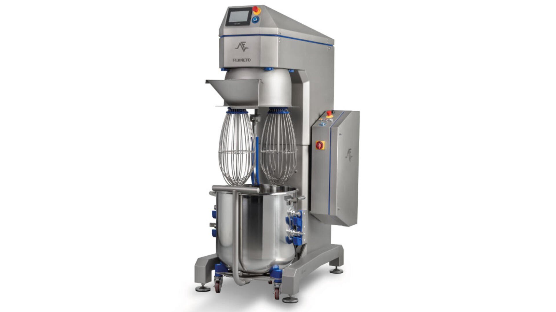 A large industrial planetary mixer with a stainless steel bowl, control panel, and multiple mixing attachments, designed for heavy-duty food processing tasks in commercial kitchens or bakeries.