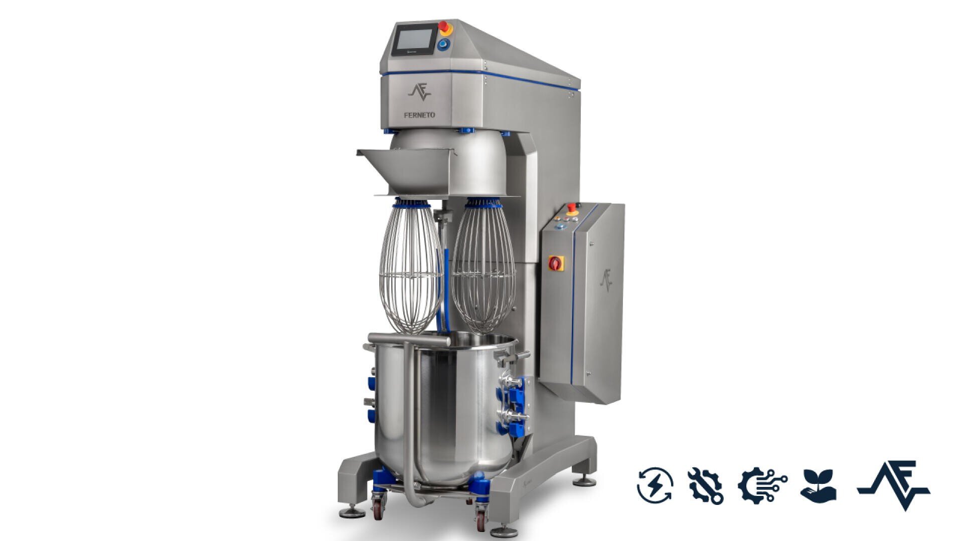 A large industrial blender with a digital control panel, two whisks and a stainless steel bowl on wheels. Various symbols and a logo are displayed in the bottom right-hand corner.