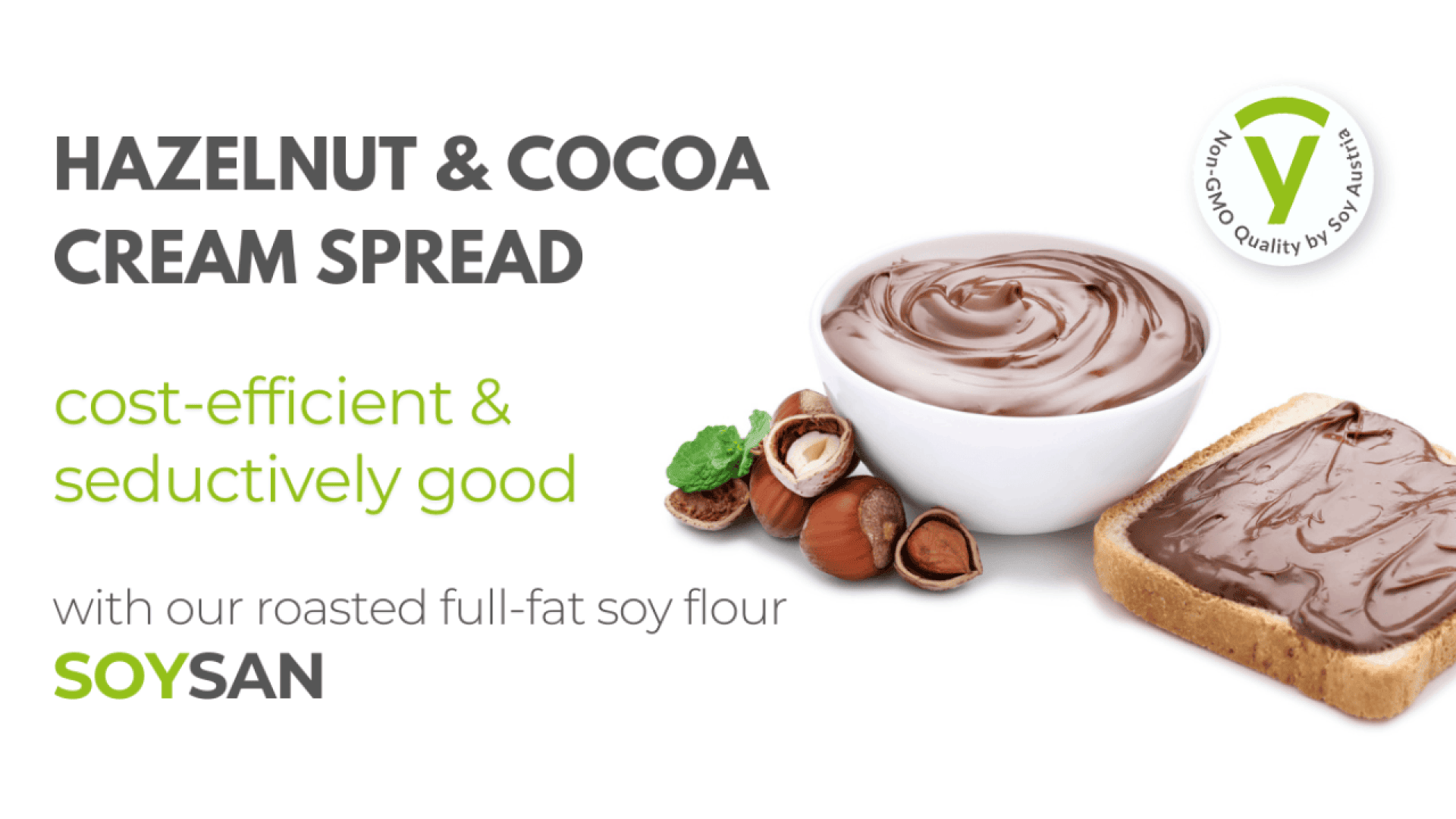 Schale mit cremigem Haselnuss- und Kakaoaufstrich, ganzen und geknackten Haselnüssen, Minzblättern und einer mit dem Aufstrich belegten Brotscheibe. Der Text bewirbt einen kostengünstigen und köstlichen Aufstrich auf Sojabasis namens SOYSAN.