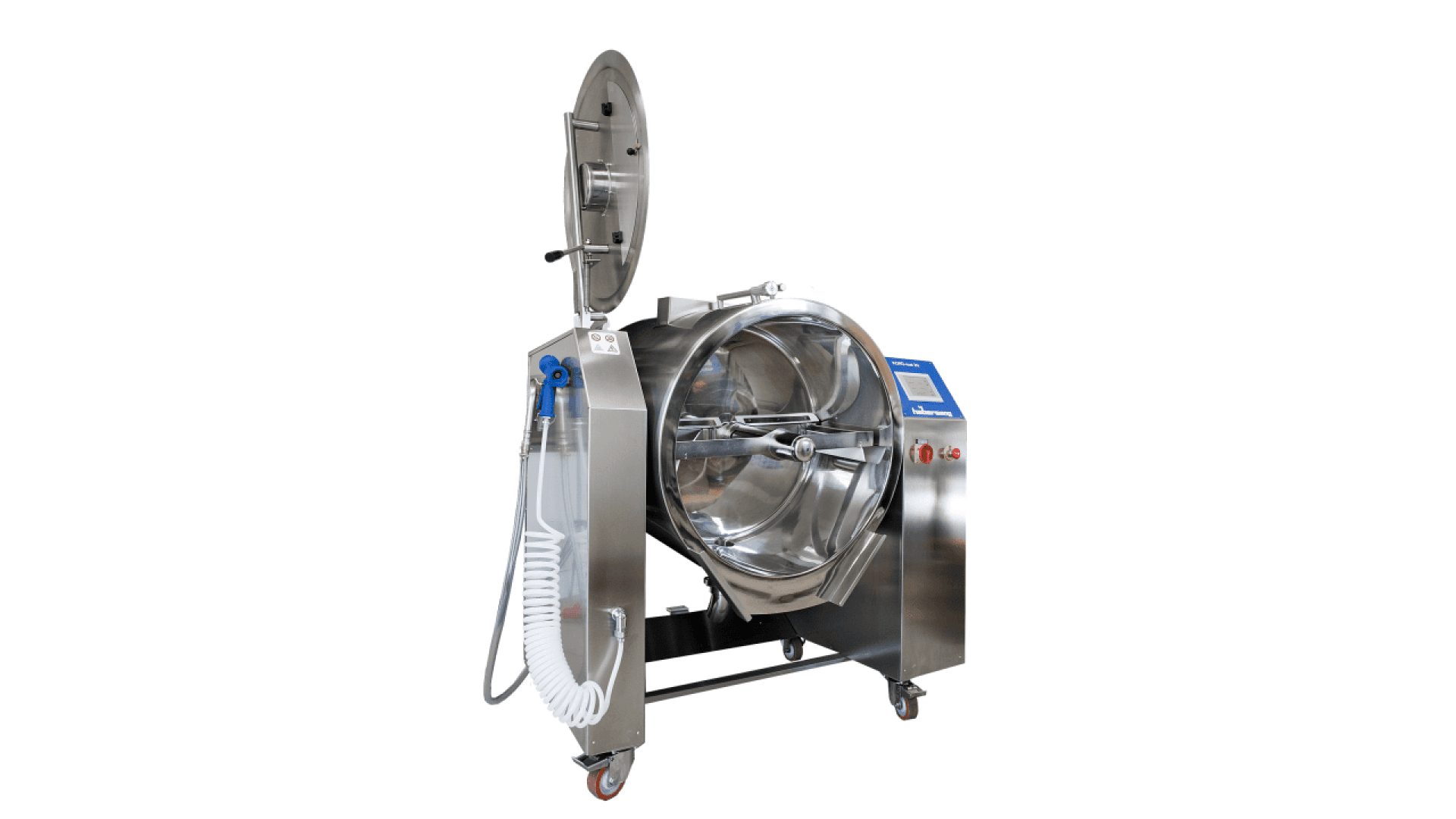 A stainless steel industrial food processing machine with a large drum, open lid, control panel, and wheels, designed for mixing or cooking, with a coiled hose attached to the side.