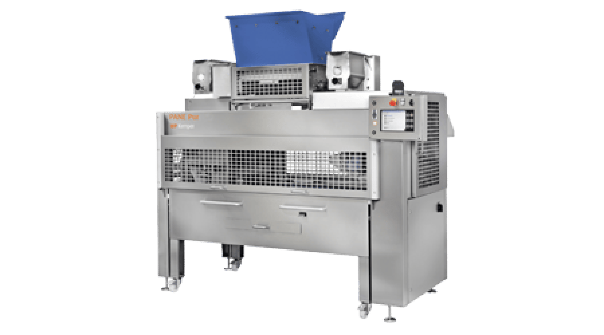 Eine große industrielle Brotbackmaschine mit einem blauen Trichter auf der Oberseite, einem Gehäuse aus rostfreiem Stahl, Drahtgitterplatten und einem digitalen Bedienfeld auf der rechten Seite.