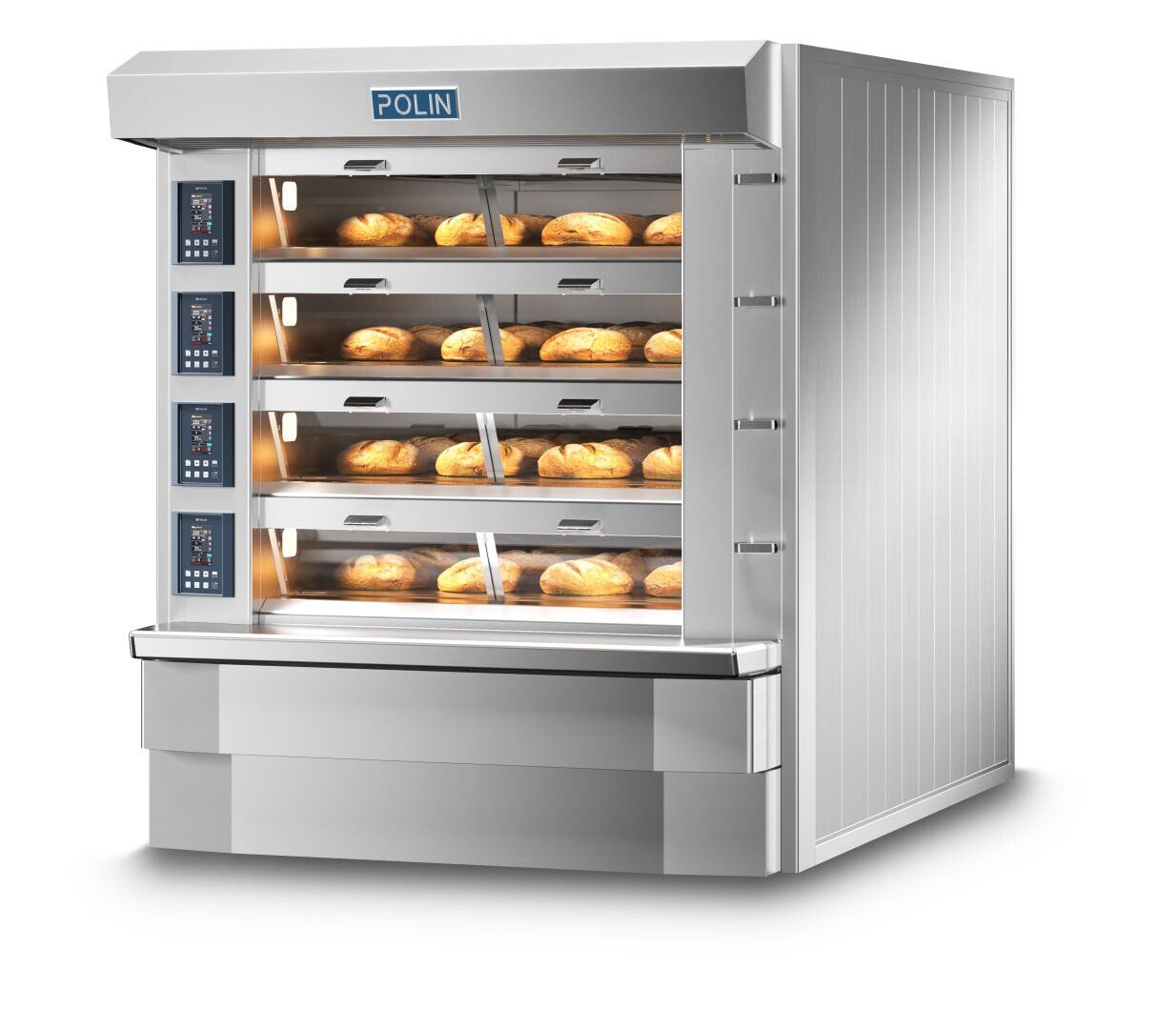 A large commercial bread oven with four glass-fronted compartments, each filled with trays of golden-brown loaves. The oven has a sleek stainless steel design and digital control panels on the left side.