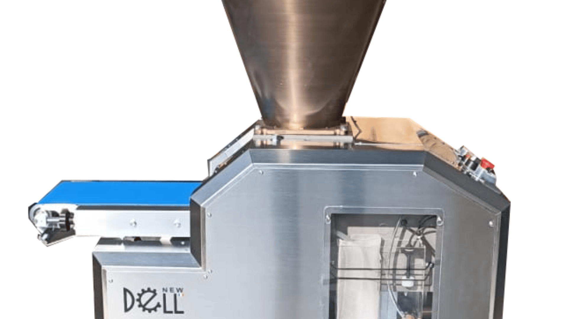 A stainless steel industrial food processing machine with a large funnel on top, a blue conveyor belt on the left, and control buttons on the right, used for filling or packaging products.