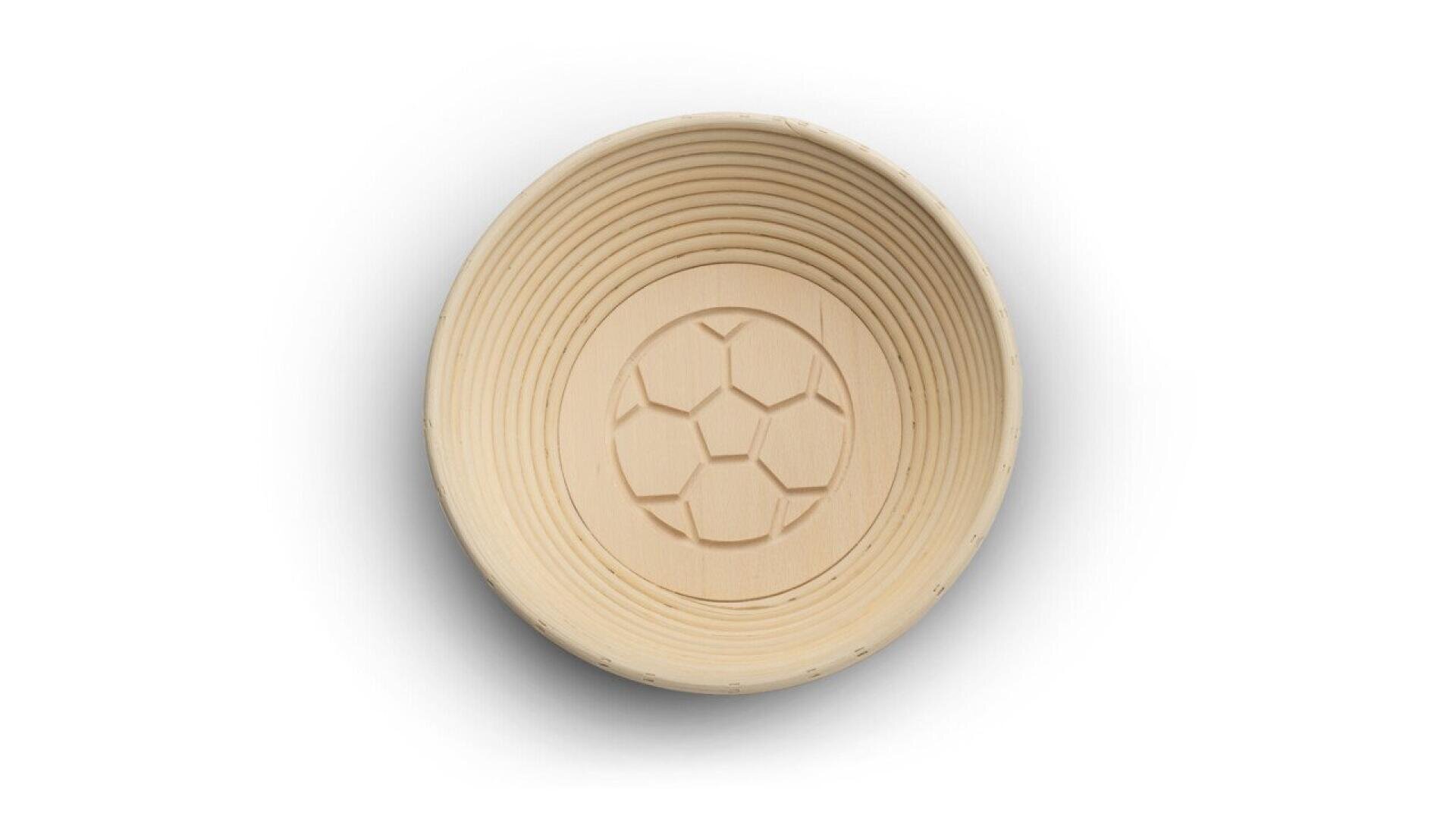 A round, light-colored wooden bowl with a smooth, ridged interior and a geometric hexagonal pattern carved in the center, resembling a soccer ball design. The background is plain white.