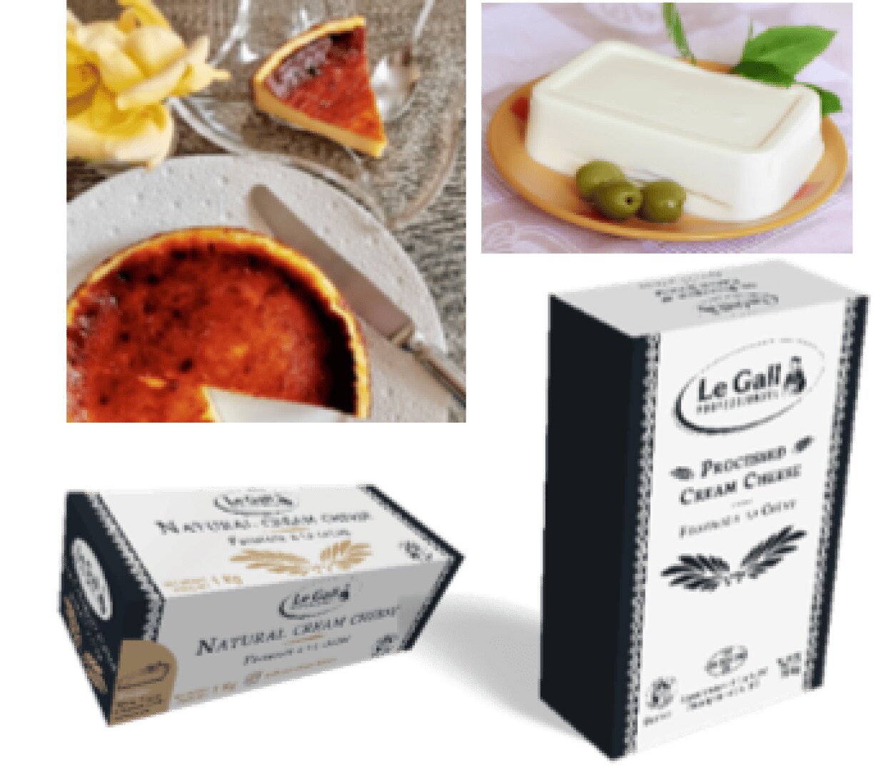 A collage showing a cheesecake slice on a plate, a block of cream cheese with two green olives, and two packages of Le Gall professional cream cheese.