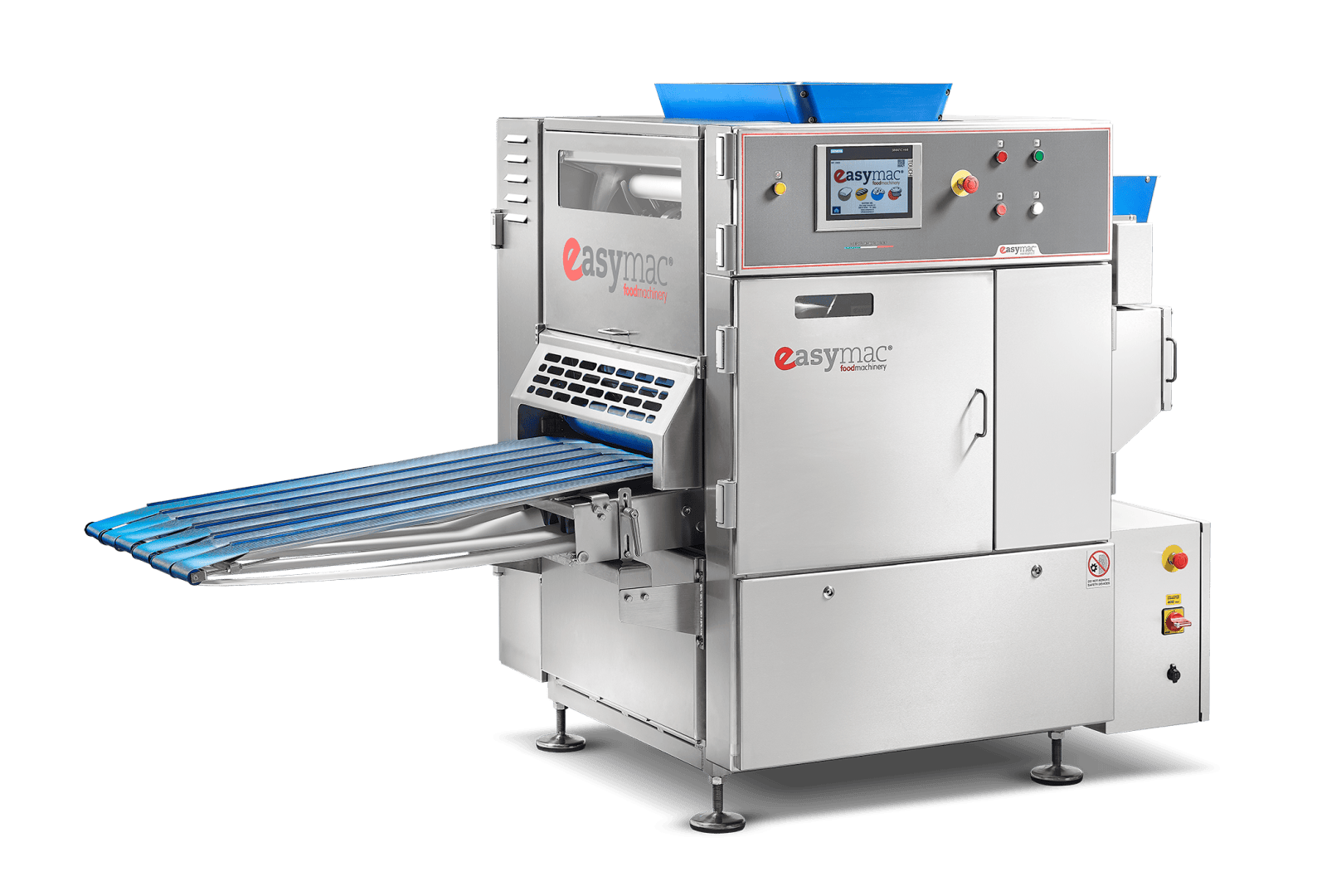 A large, stainless steel industrial pasta machine with a digital control panel, blue conveyor belts, and labeled Easymac on the front. The machine has trays extended and multiple buttons for operation.