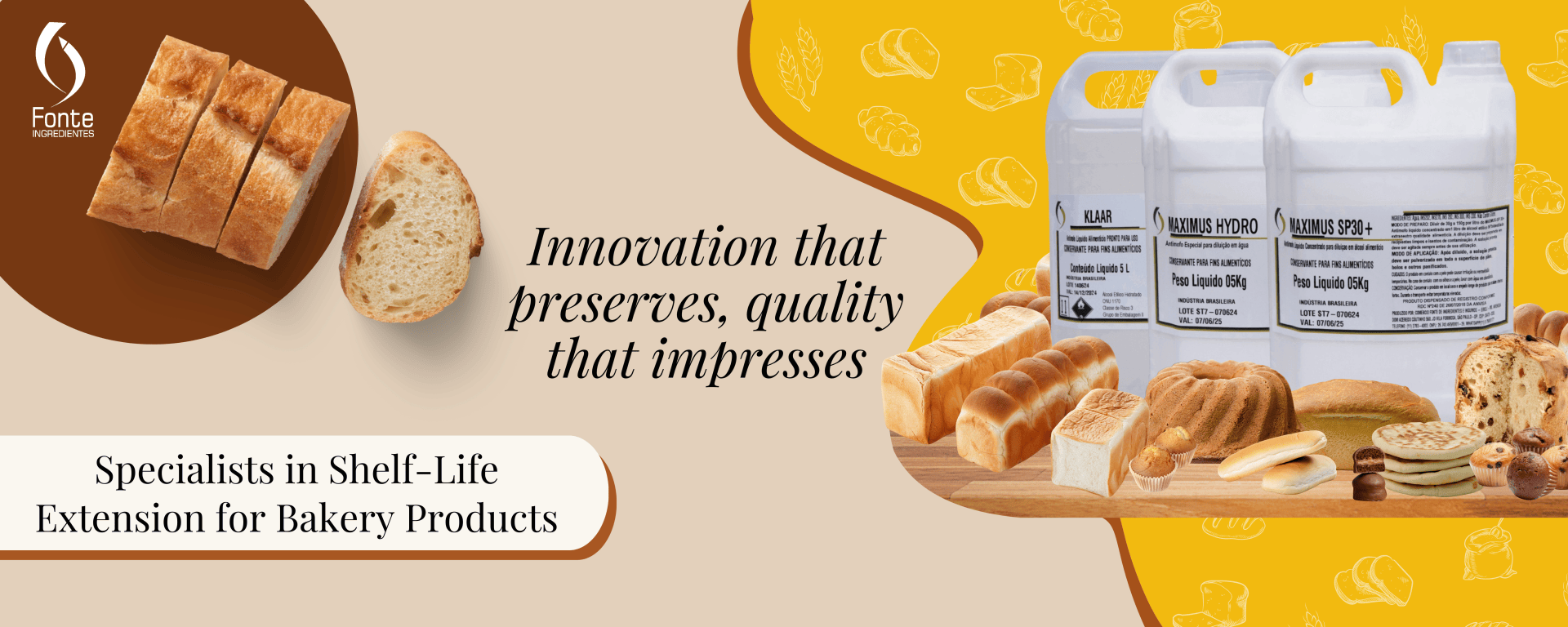 Three chemical containers and assorted bakery products are displayed alongside sliced bread. Text reads Innovation that preserves, quality that impresses and Specialists in Shelf-Life Extension for Bakery Products.