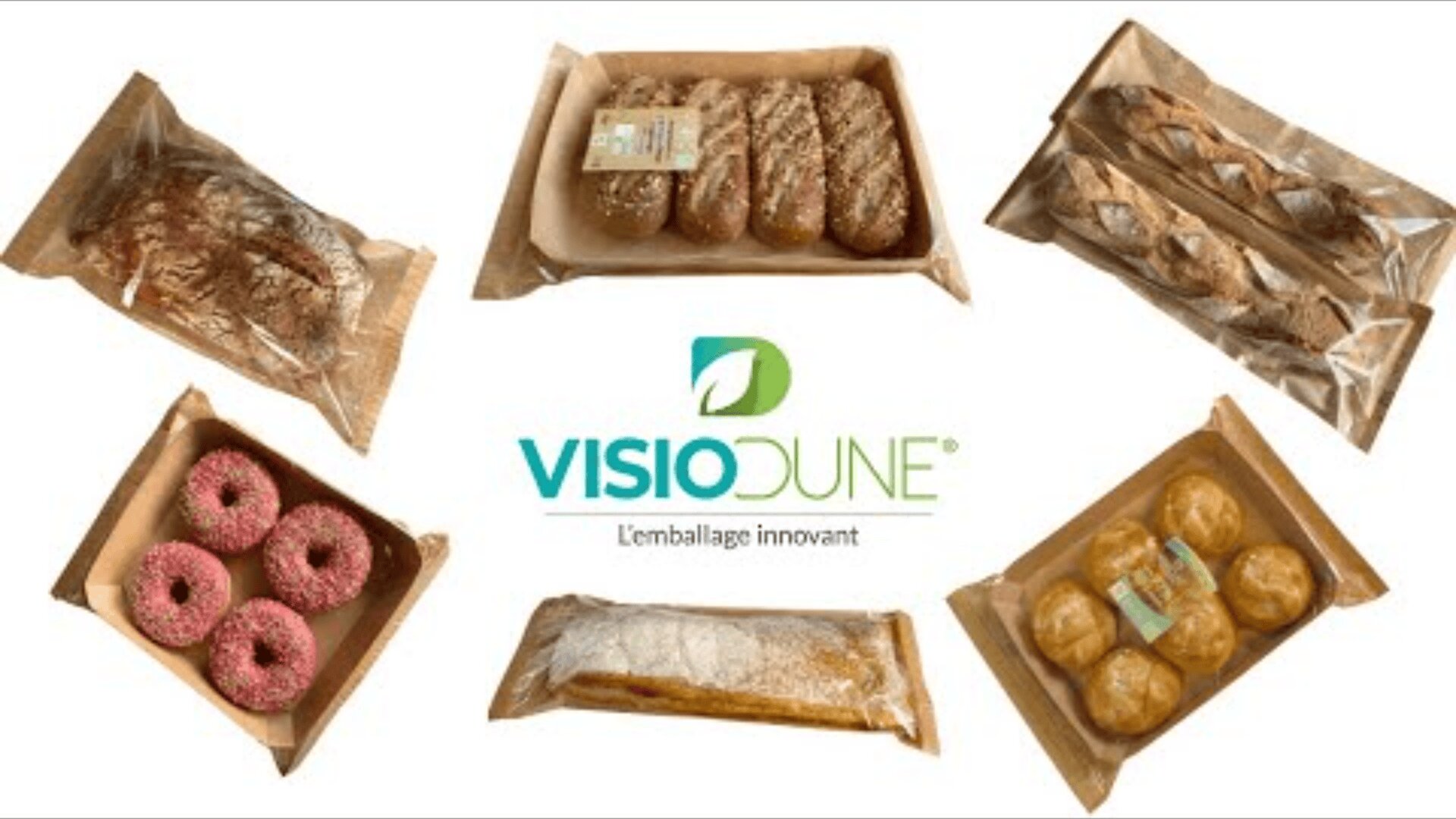 An assortment of packaged baked goods, including loaves of bread, baguettes, donuts, and pastries, arranged around the VISIODUNE logo with the tagline Lemballage innovant on a white background.