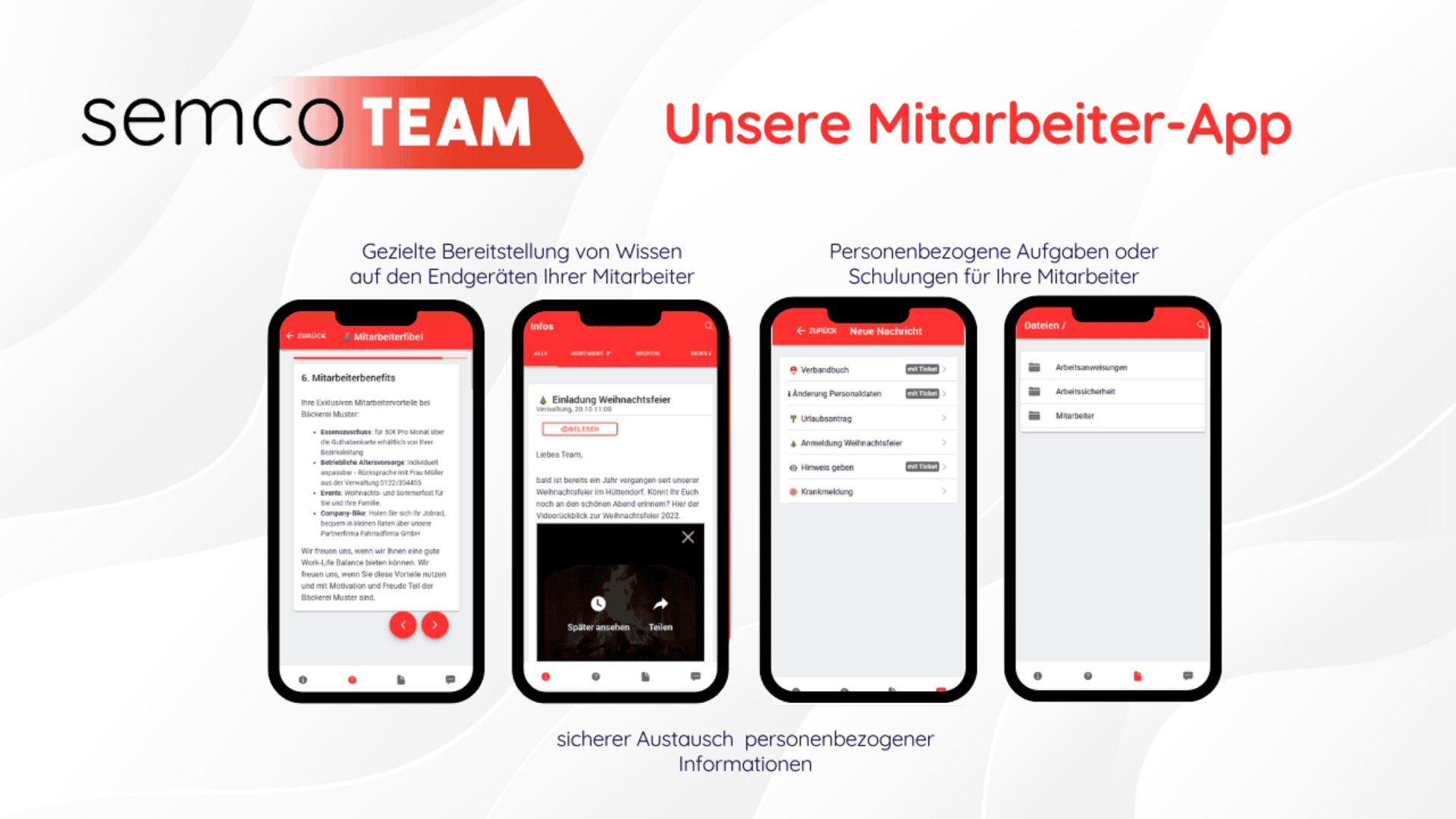 Auf vier Smartphones werden unterschiedliche Screens der semcoTEAM Mitarbeiter-App angezeigt. Darin sind Funktionen für Wissensaustausch, Aufgaben und Schulungen dargestellt. Deutschsprachige Texte heben sichere und zielgerichtete Informationen für die Mitarbeiter hervor.