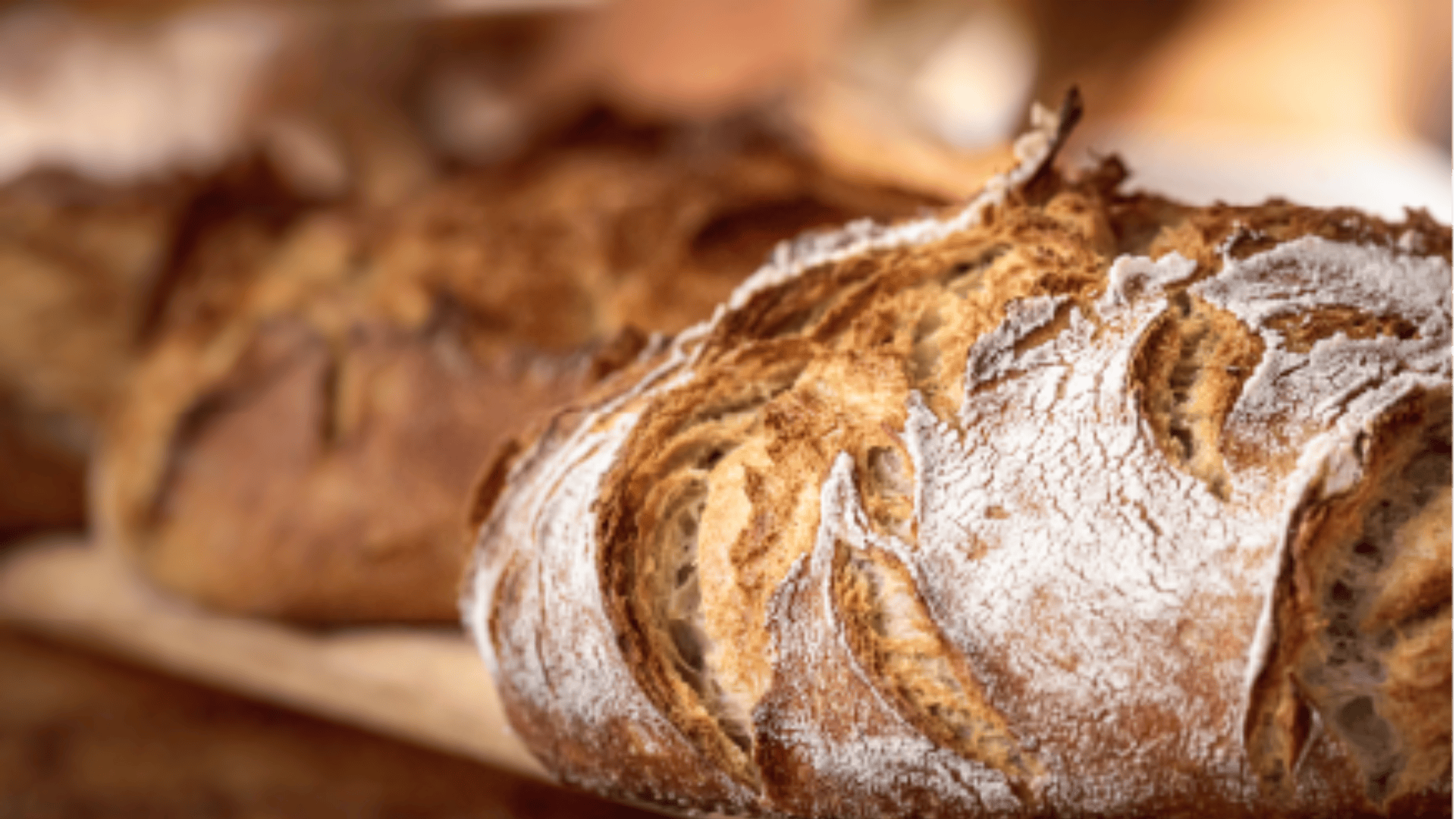 Close-up of a rustic, artisan loaf of bread with a golden-brown crust and dusting of flour, showing crisp, textured edges and patterns from baking. The background is blurred.
