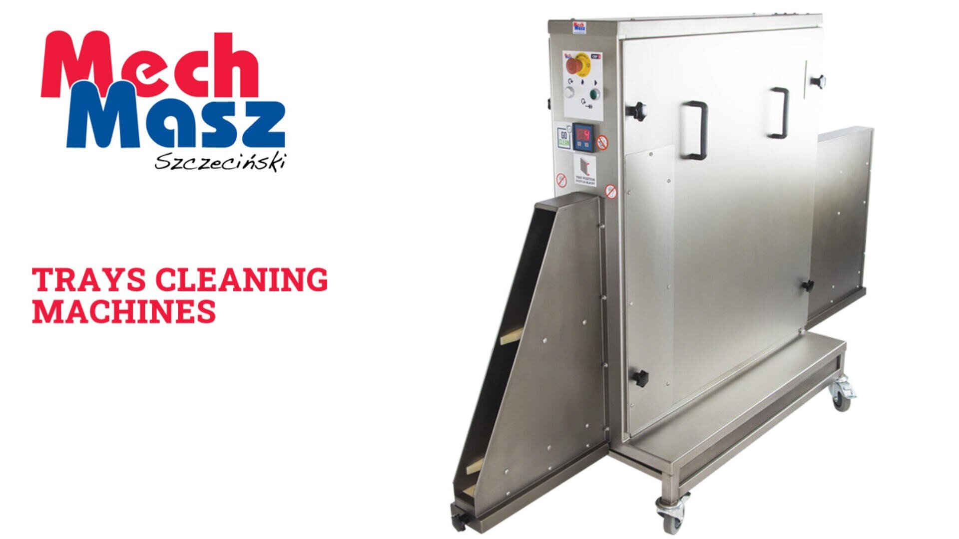 A stainless steel trays cleaning machine on wheels is shown next to the Mech Masz Szczeciński logo and red text that reads “TRAYS CLEANING MACHINES” on a white background.